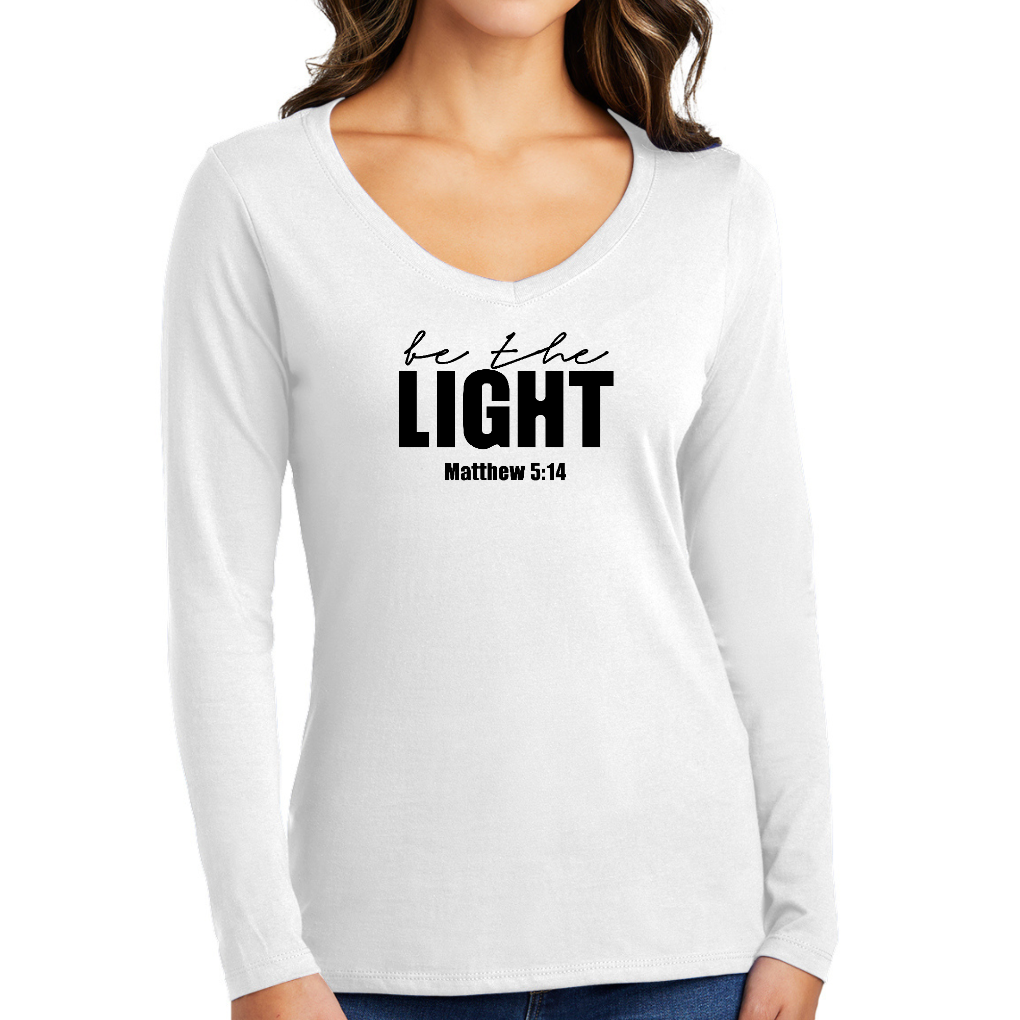 Womens Long Sleeve V-neck Graphic T-shirt in black with 'Be the Light' inspirational design, showcasing a stylish and comfortable fit.