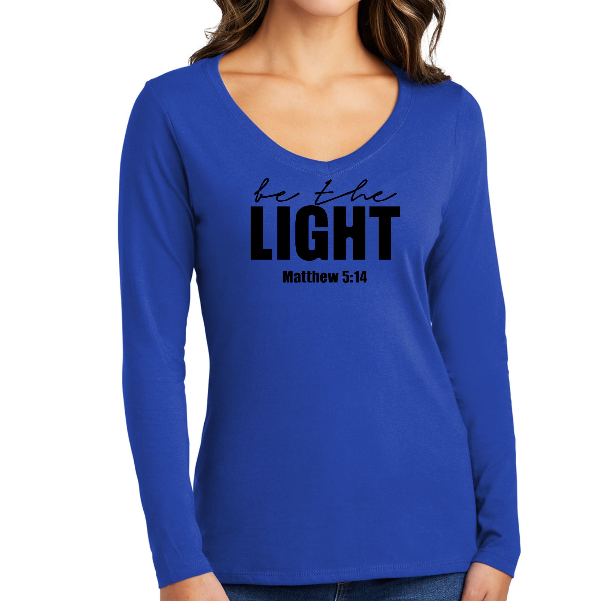 Womens Long Sleeve V-neck Graphic T-shirt in black with 'Be the Light' inspirational design, showcasing a stylish and comfortable fit.