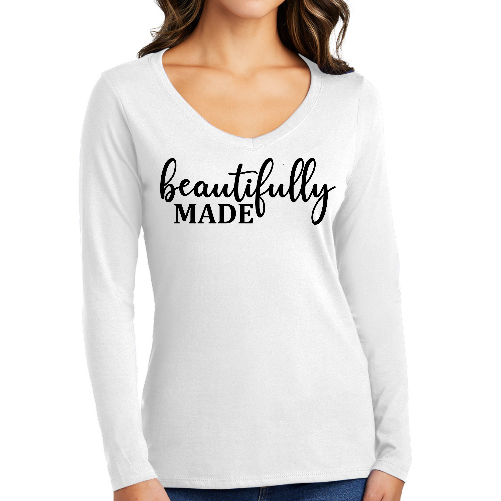 Women's Long Sleeve V-neck Graphic T-shirt in black with inspirational affirmation print, showcasing soft fabric and stylish design.