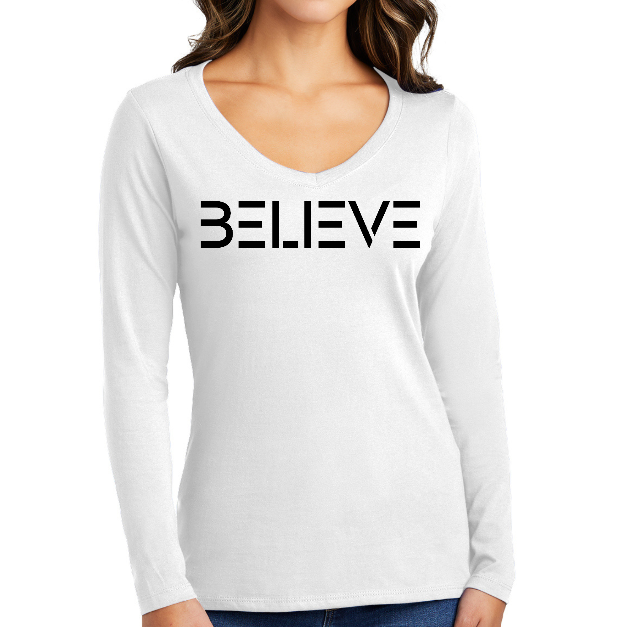 Women's Long Sleeve V-neck Graphic T-shirt with 'Believe' black print, showcasing soft cotton fabric and stylish design.