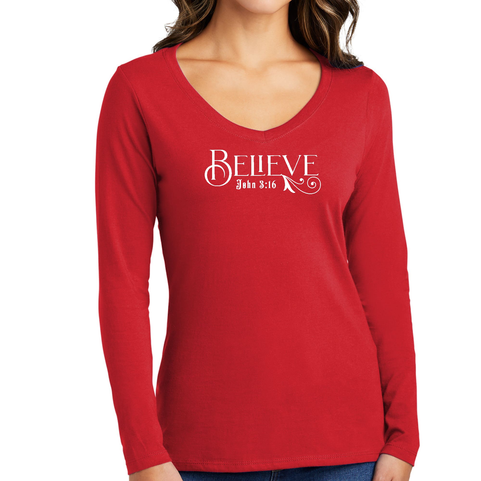 Women's Long Sleeve V-neck Graphic T-shirt featuring Believe John 3:16 scripture print, made from soft preshrunk cotton.