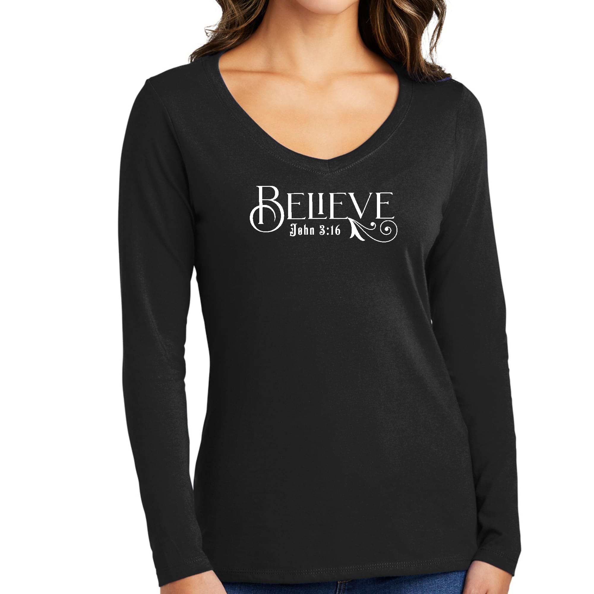 Women's Long Sleeve V-neck Graphic T-shirt featuring Believe John 3:16 scripture print, made from soft preshrunk cotton.