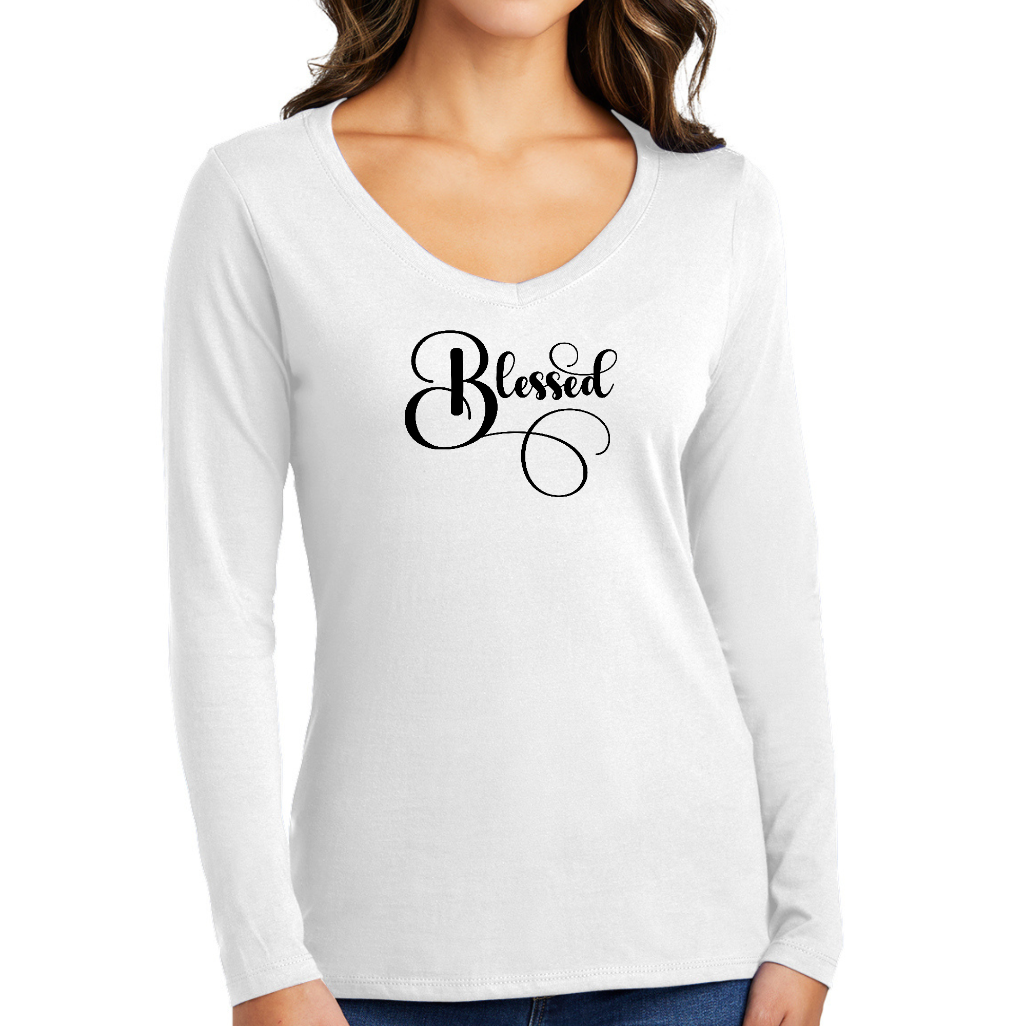 Womens Long Sleeve V-neck Graphic T-shirt in black with Blessed graphic illustration, showcasing stylish design and comfortable fit.