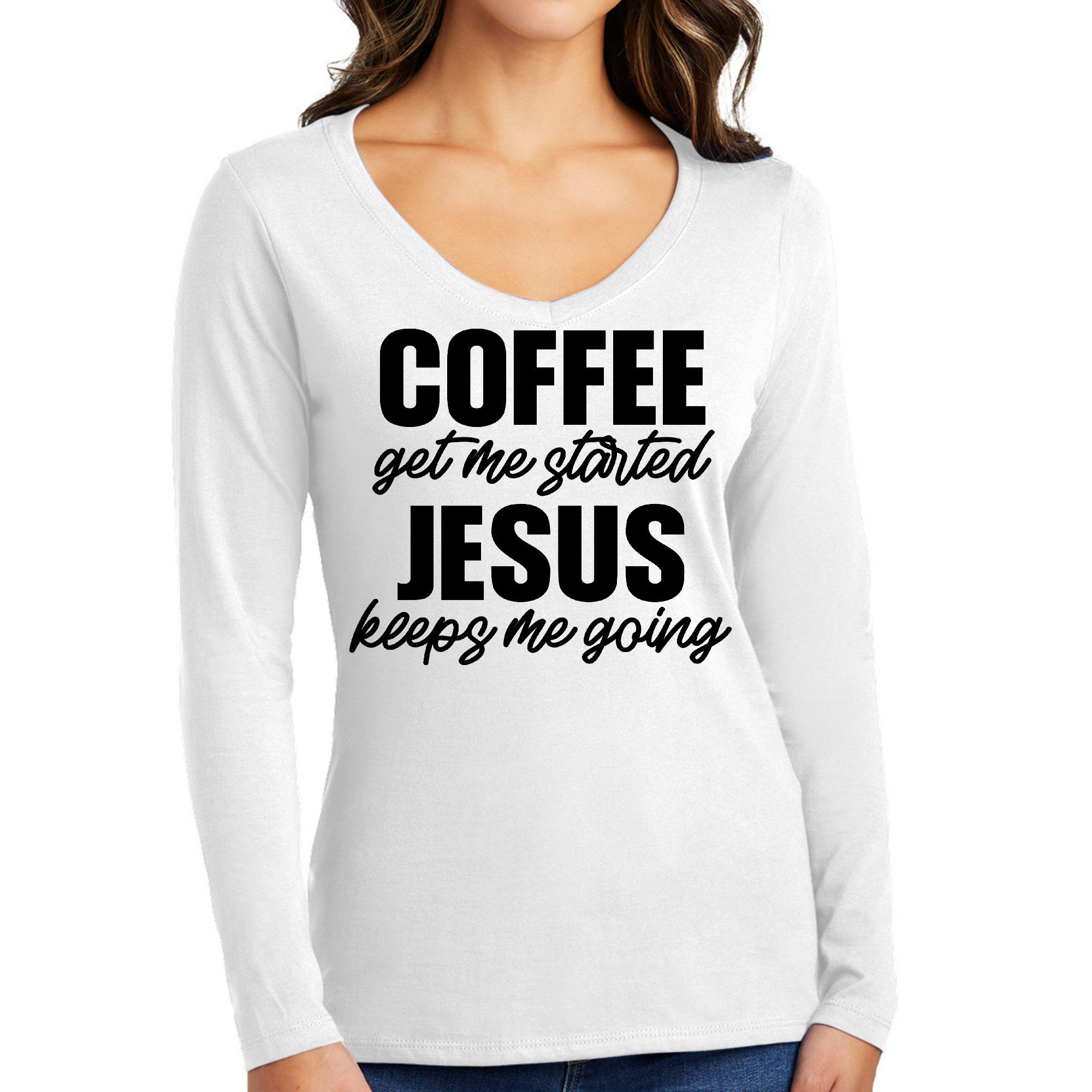 Women's Long Sleeve V-neck Graphic T-shirt featuring 'Coffee Get Me Started, Jesus Keeps Me Going' design in soft preshrunk cotton.