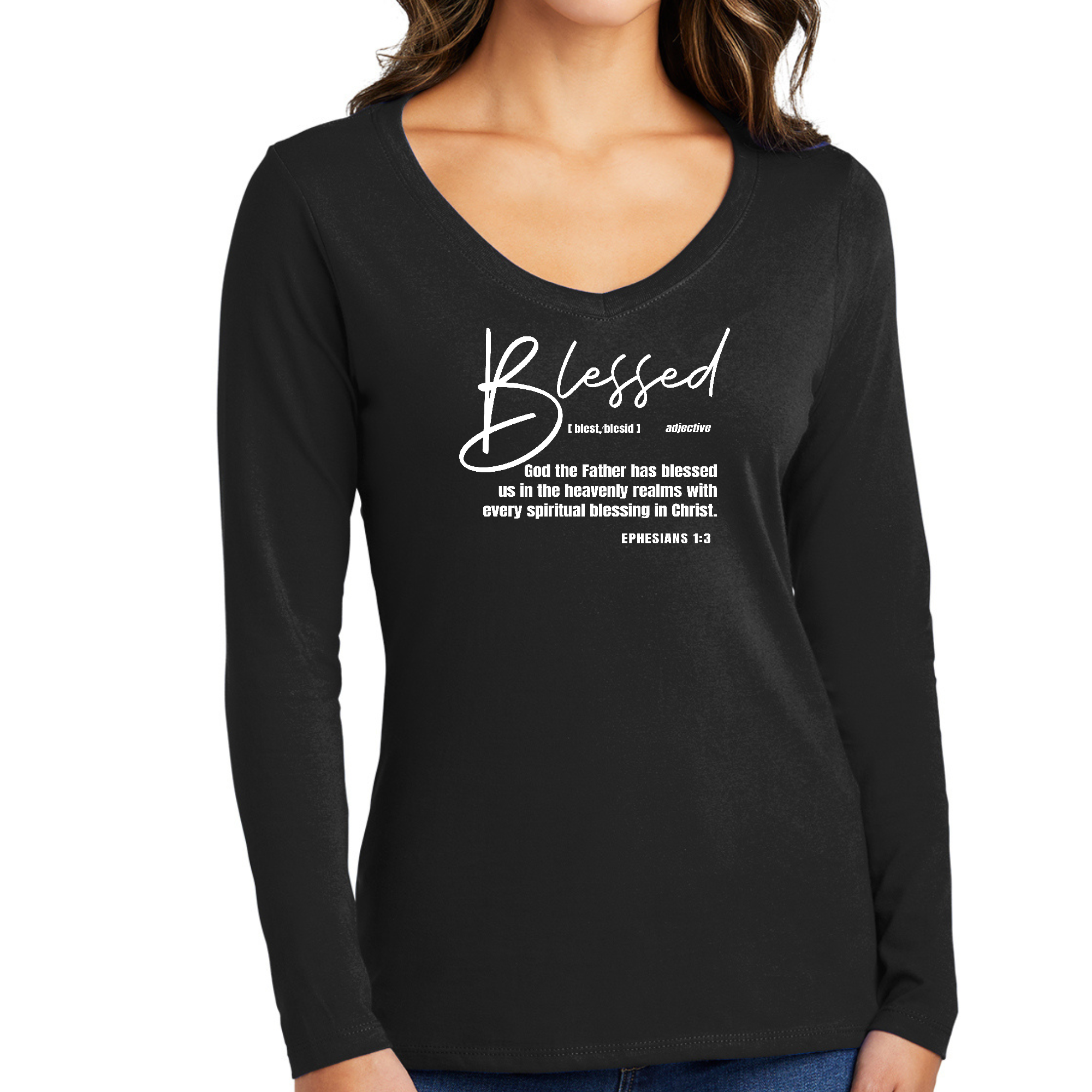 Womens Long Sleeve V-neck Graphic T-shirt featuring Ephesians - Blessed design, showcasing vibrant colors and soft cotton fabric.