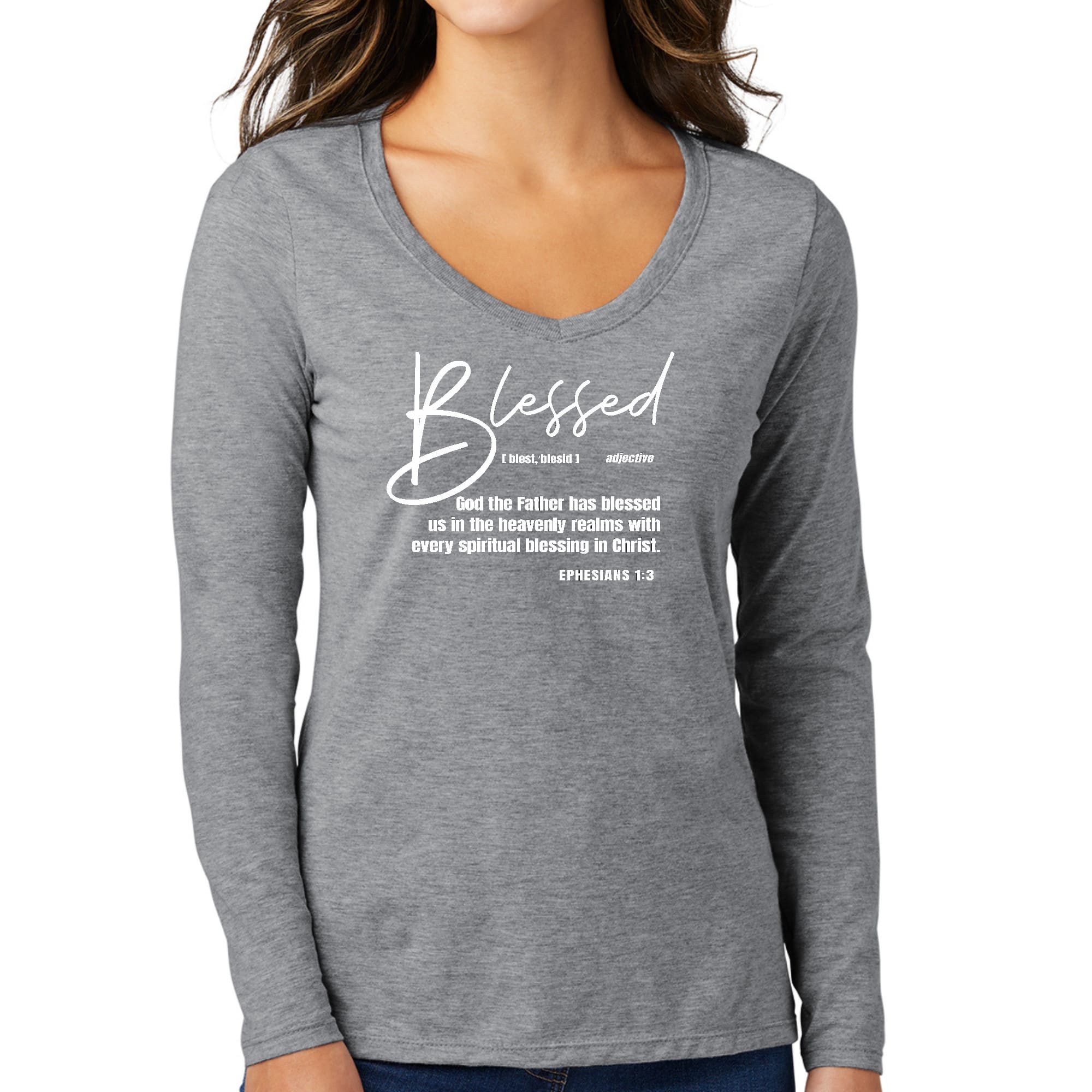 Womens Long Sleeve V-neck Graphic T-shirt featuring Ephesians - Blessed design, showcasing vibrant colors and soft cotton fabric.