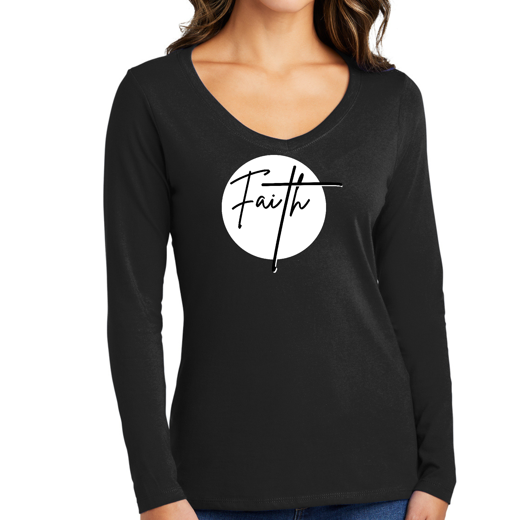 Women's Long Sleeve V-neck Graphic T-shirt featuring a Faith print in black and white, showcasing a stylish and comfortable design.