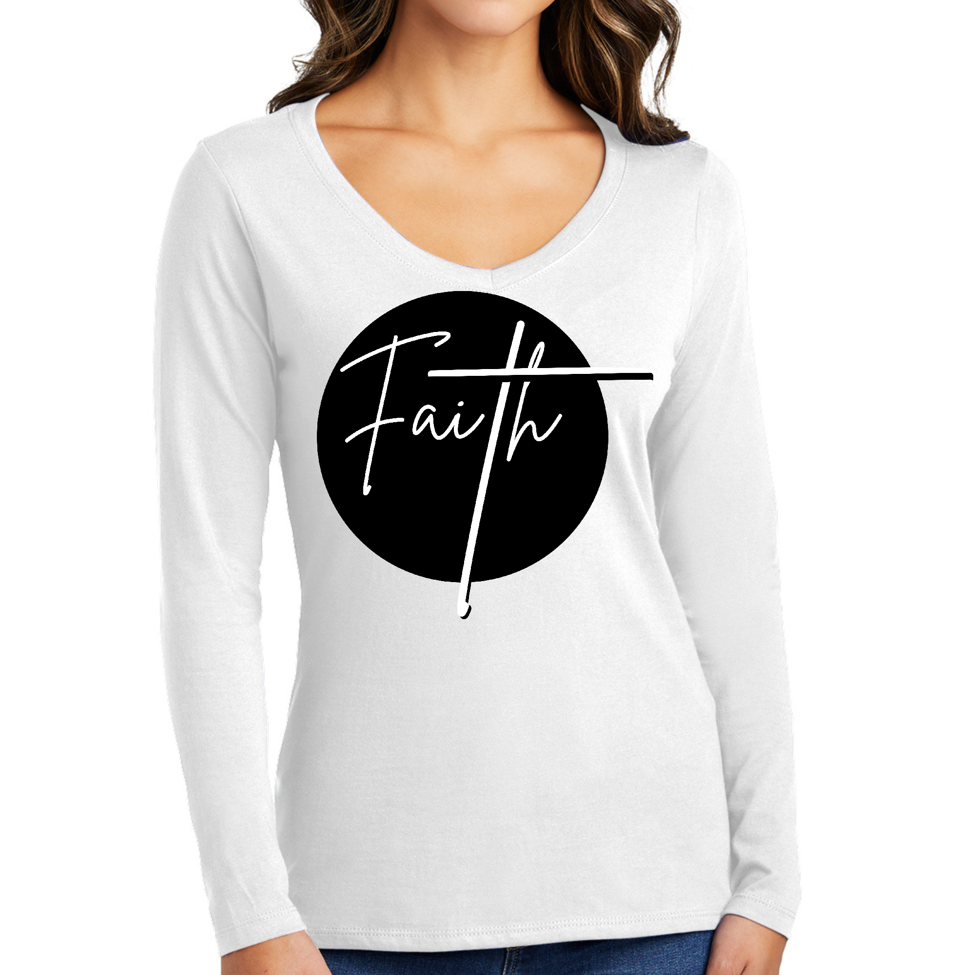 Women's Long Sleeve V-neck Graphic T-shirt featuring a Faith print in black and white, made from soft preshrunk cotton.