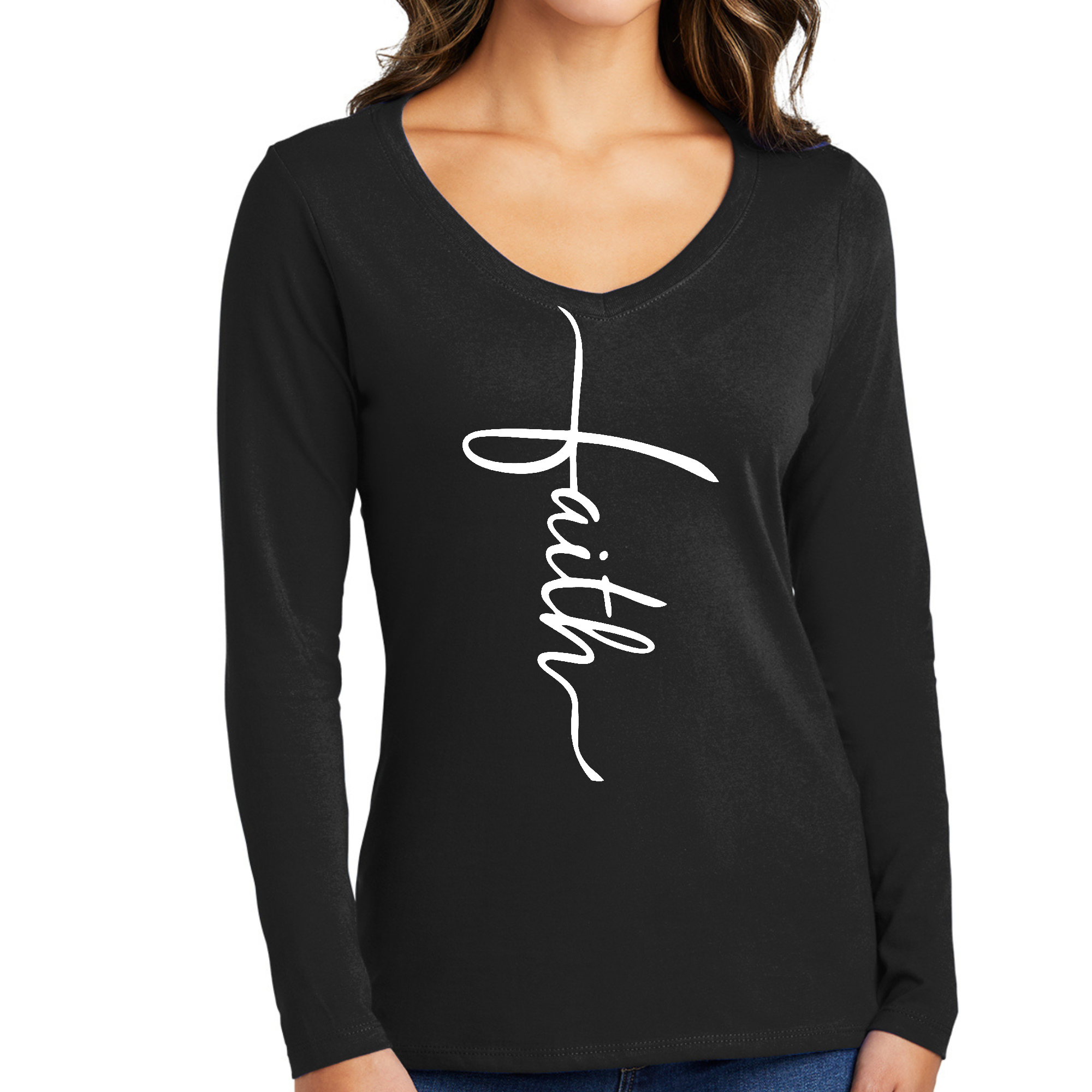 Women's Long Sleeve V-neck Graphic T-shirt featuring a Faith Script Cross design, made from soft preshrunk cotton.