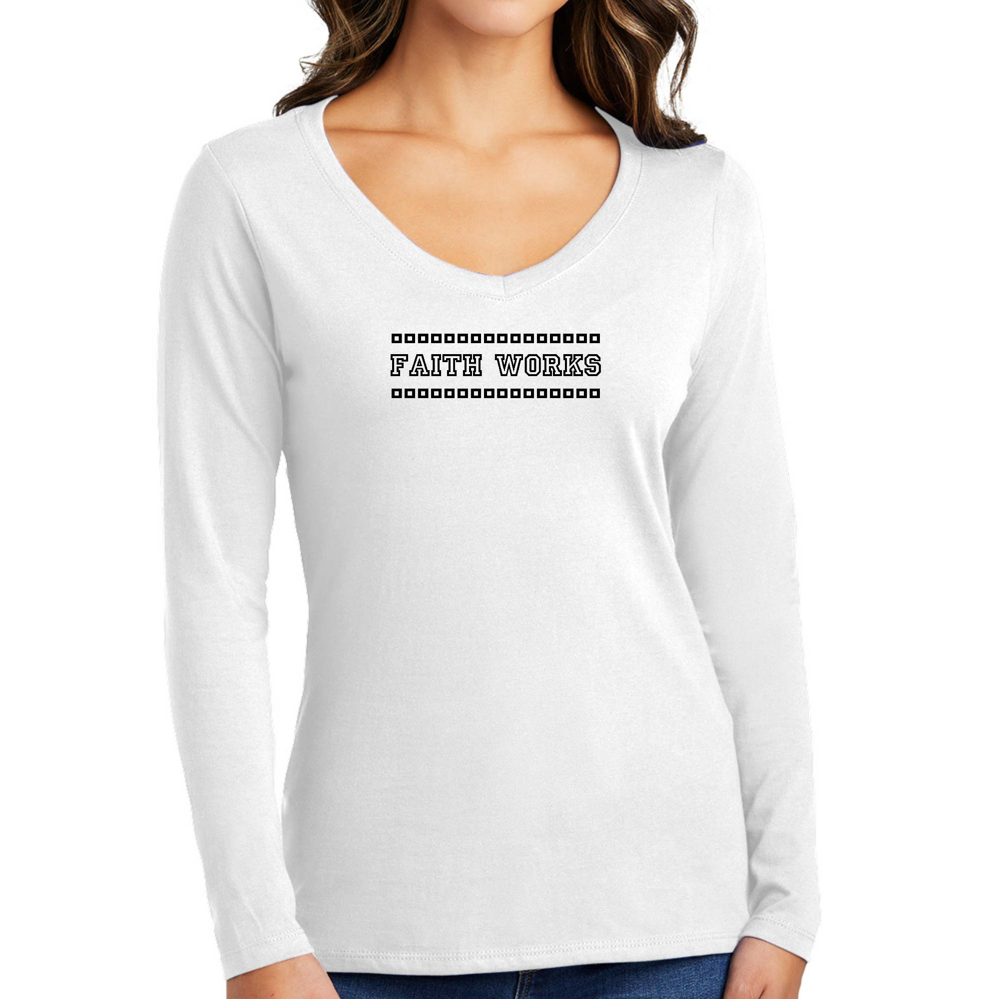 Women's Long Sleeve V-neck Graphic T-shirt in black featuring Faith Works illustration, showcasing stylish design and comfortable fit.