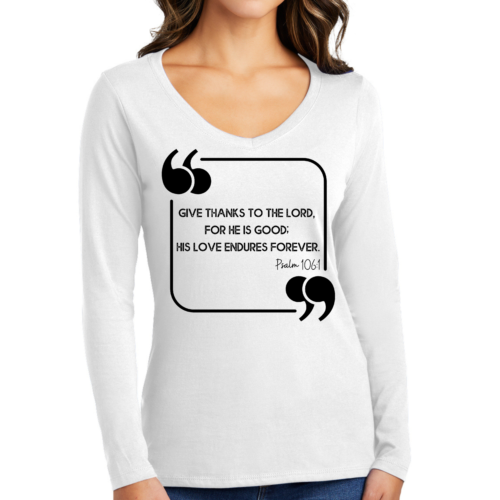 Women's Long Sleeve V-neck Graphic T-shirt with 'Give Thanks to the Lord' design, showcasing a comfortable fit and soft fabric.