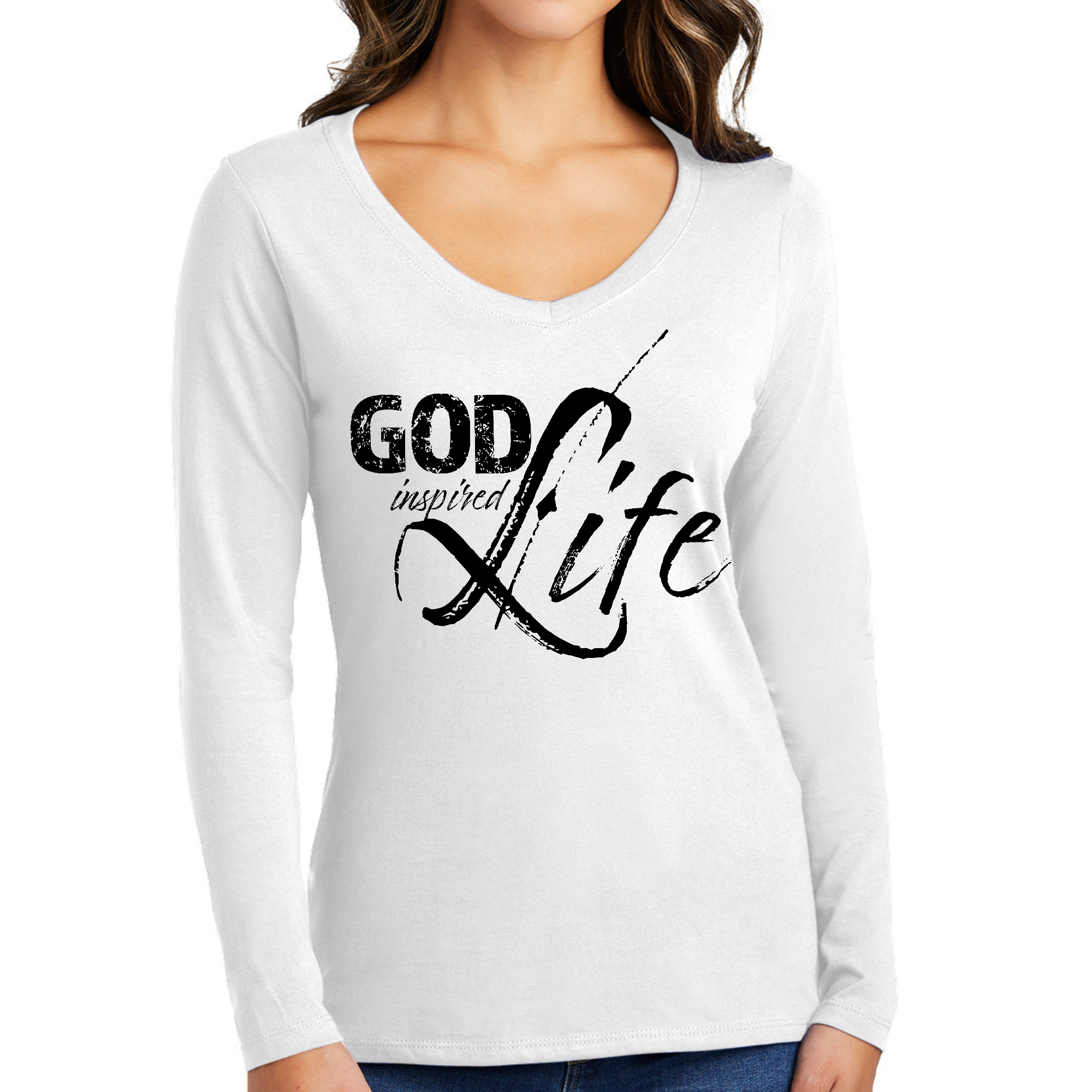 Women's Long Sleeve V-neck Graphic T-shirt in black featuring 'God Inspired Life' inspirational quote print.