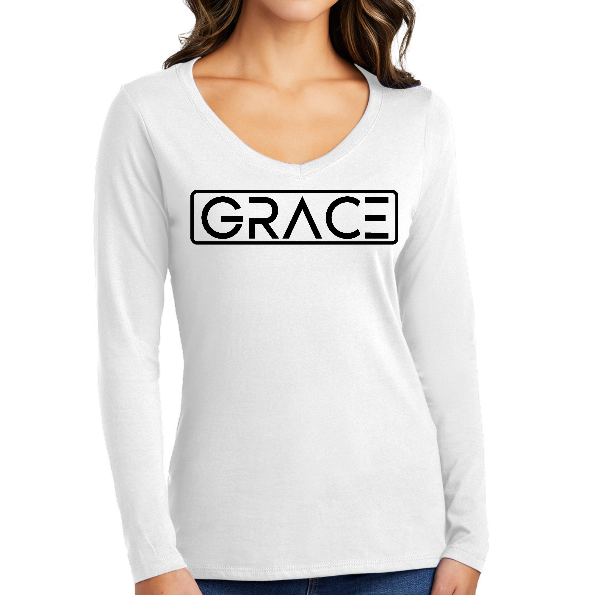 Grace Christian Women's Long Sleeve V-neck Graphic T-shirt in black featuring inspirational word art, made from soft preshrunk cotton.