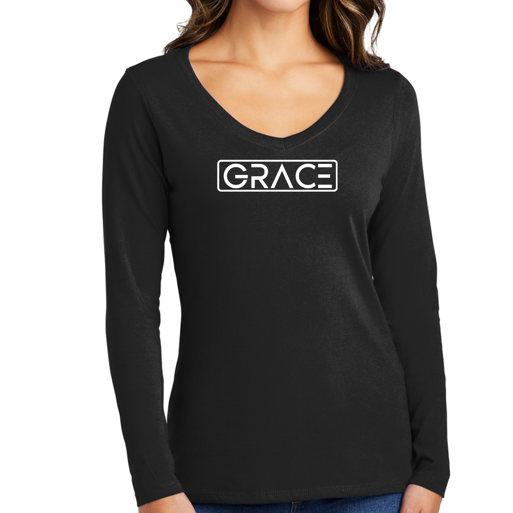 Womens Long Sleeve V-neck Graphic T-shirt featuring Grace Christian Inspiration Word Art, made from soft preshrunk cotton.