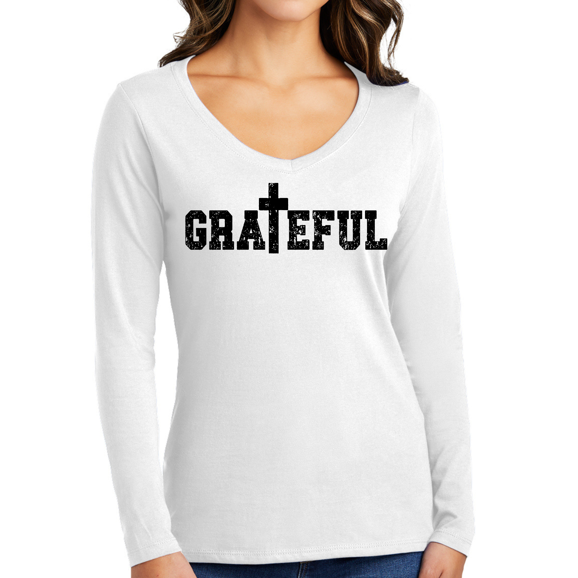 Women's Long Sleeve V-neck Graphic T-shirt featuring a Grateful print, made from soft preshrunk cotton for comfort and durability.