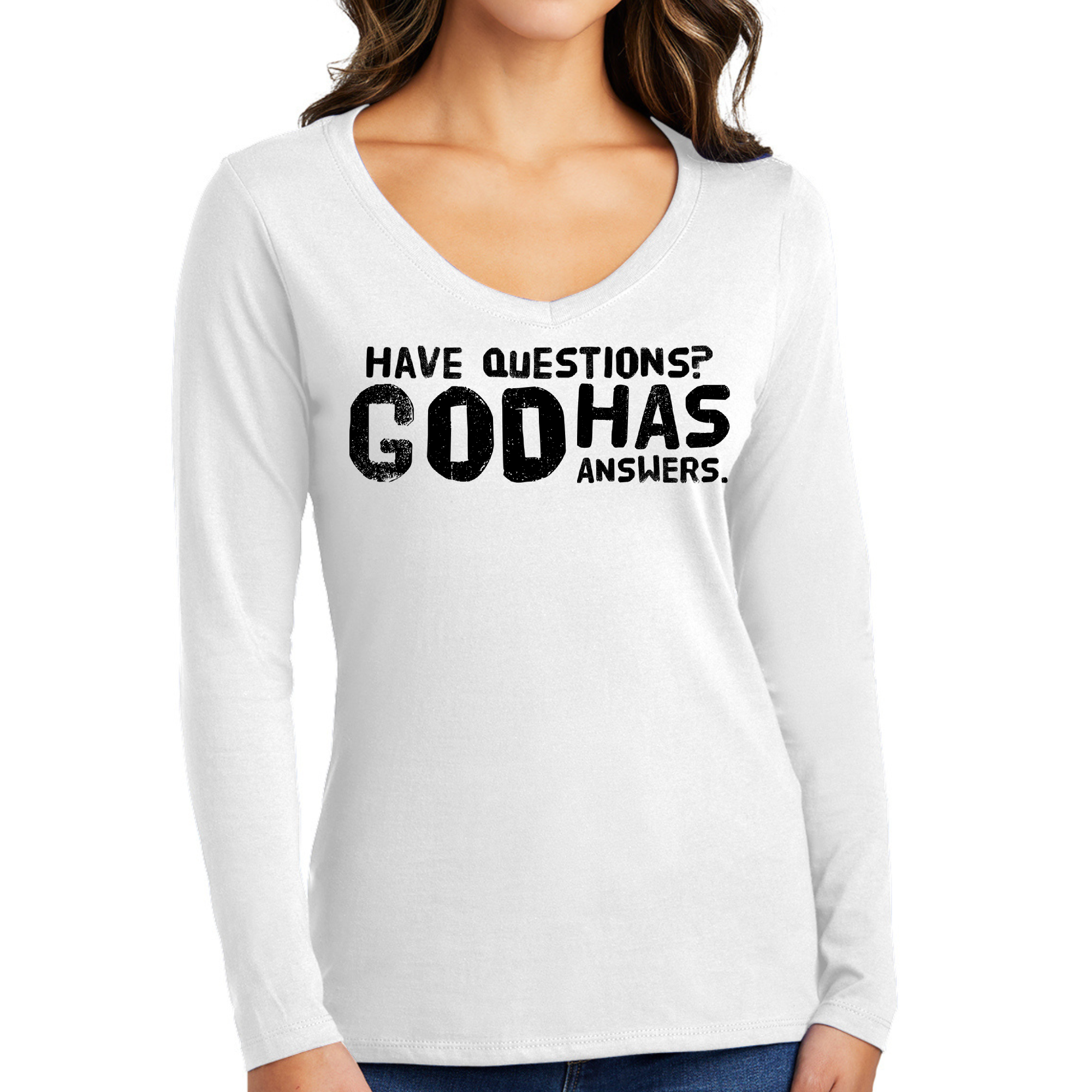 Women's Long Sleeve V-neck Graphic T-shirt in black with 'Have Questions God Has Answers' print, showcasing soft fabric and stylish design.