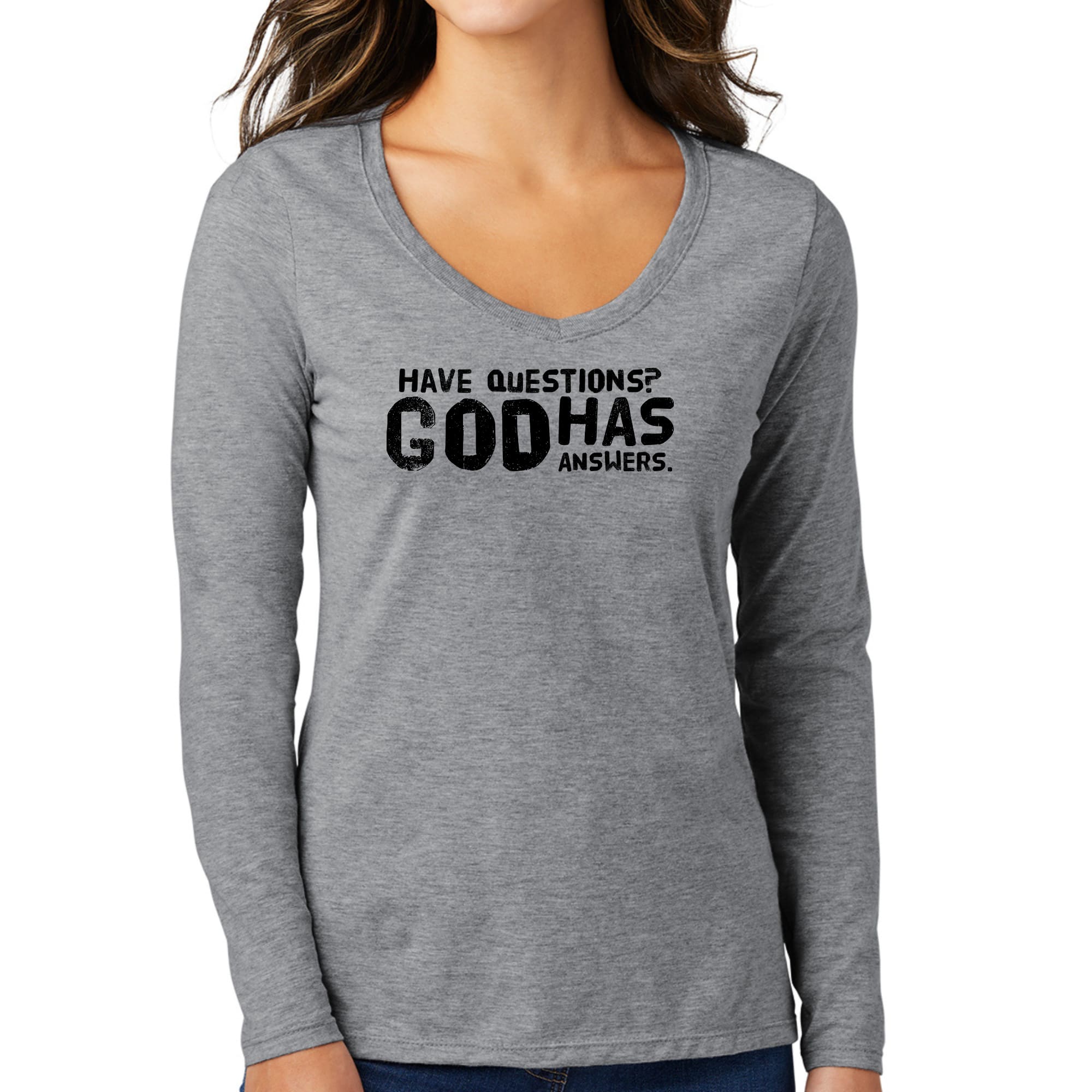 Women's Long Sleeve V-neck Graphic T-shirt in black with 'Have Questions God Has Answers' print, showcasing soft fabric and stylish design.