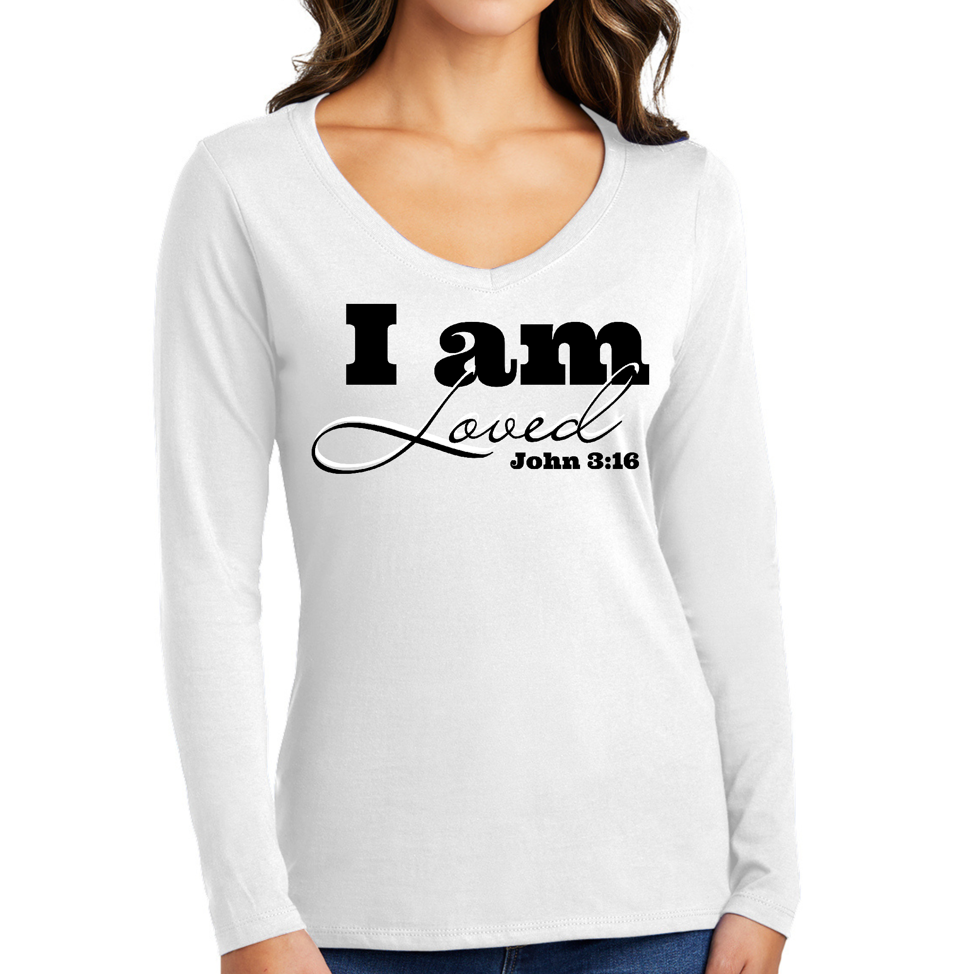 Women's Long Sleeve V-neck Graphic T-shirt in black with 'I Am Loved' - John 3:16 printed design, showcasing a comfortable and stylish fit.