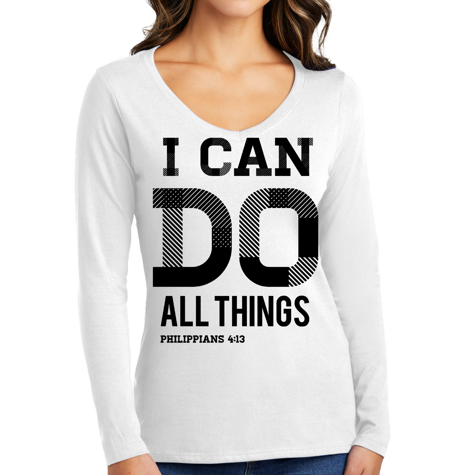 Women's Long Sleeve V-neck Graphic T-shirt in black with 'I Can Do All Things' scripture print, showcasing a comfortable fit and stylish design.