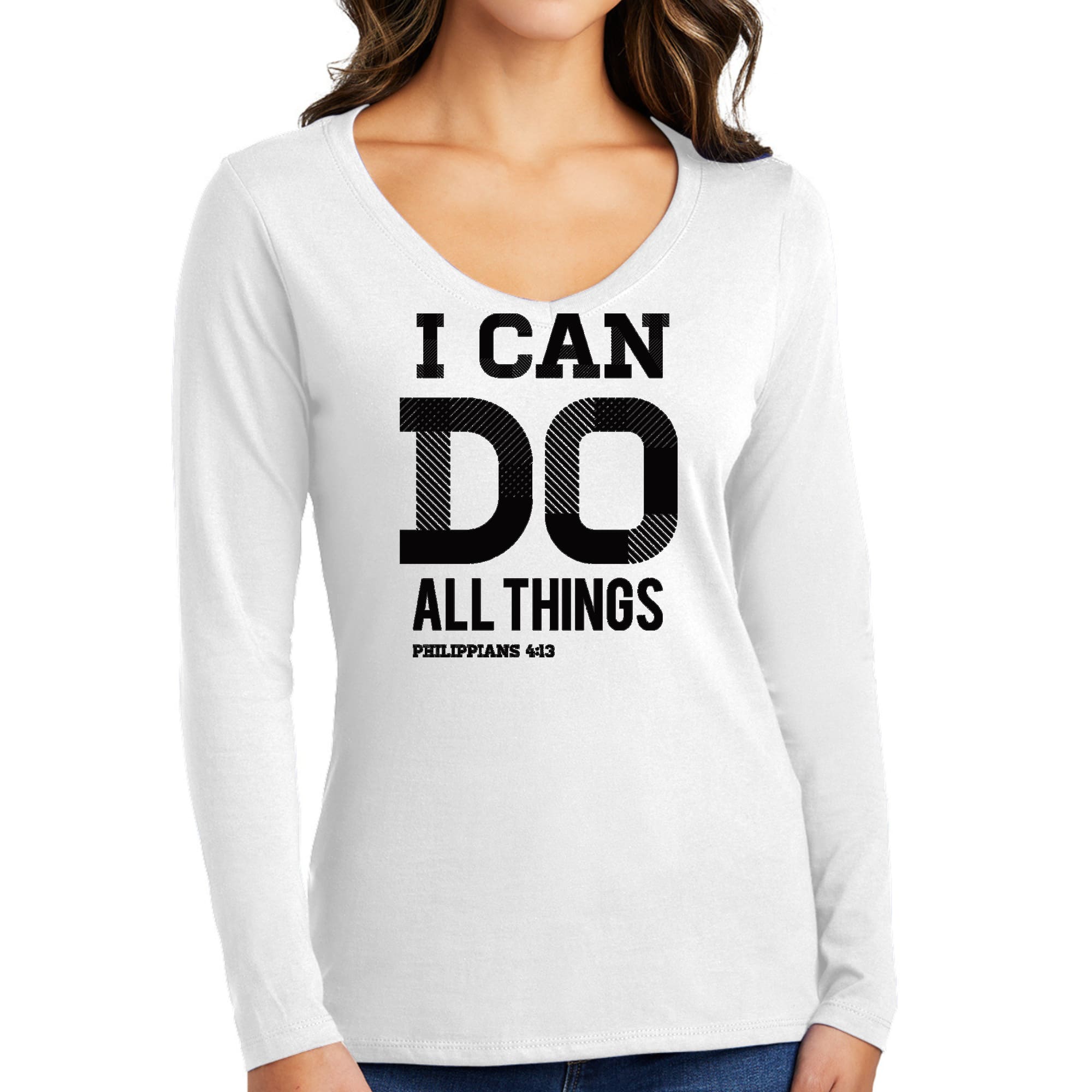 Women's Long Sleeve V-neck Graphic T-shirt in black with 'I Can Do All Things' scripture print, showcasing a comfortable fit and stylish design.