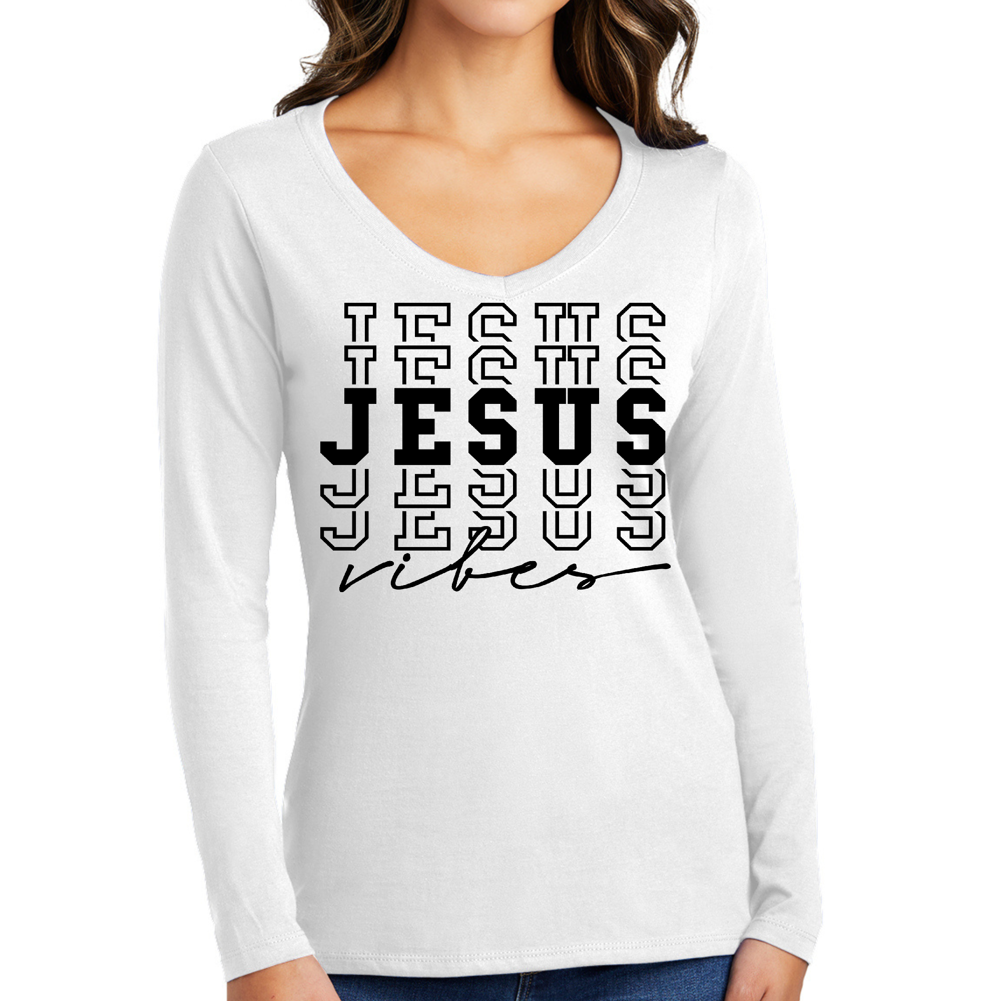 Women's Long Sleeve V-neck Graphic T-shirt featuring Jesus Vibes design, made from soft preshrunk cotton for comfort.