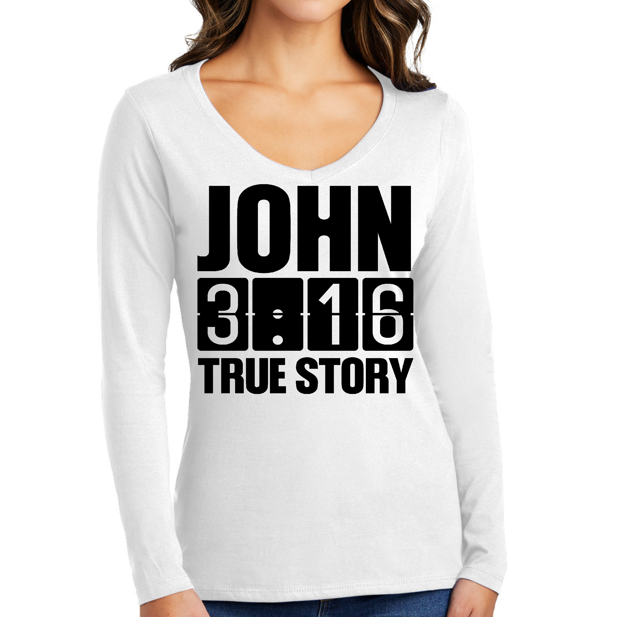 Women's Long Sleeve V-neck Graphic T-shirt featuring John 3:16 True Story print in black, showcasing soft fabric and stylish design.