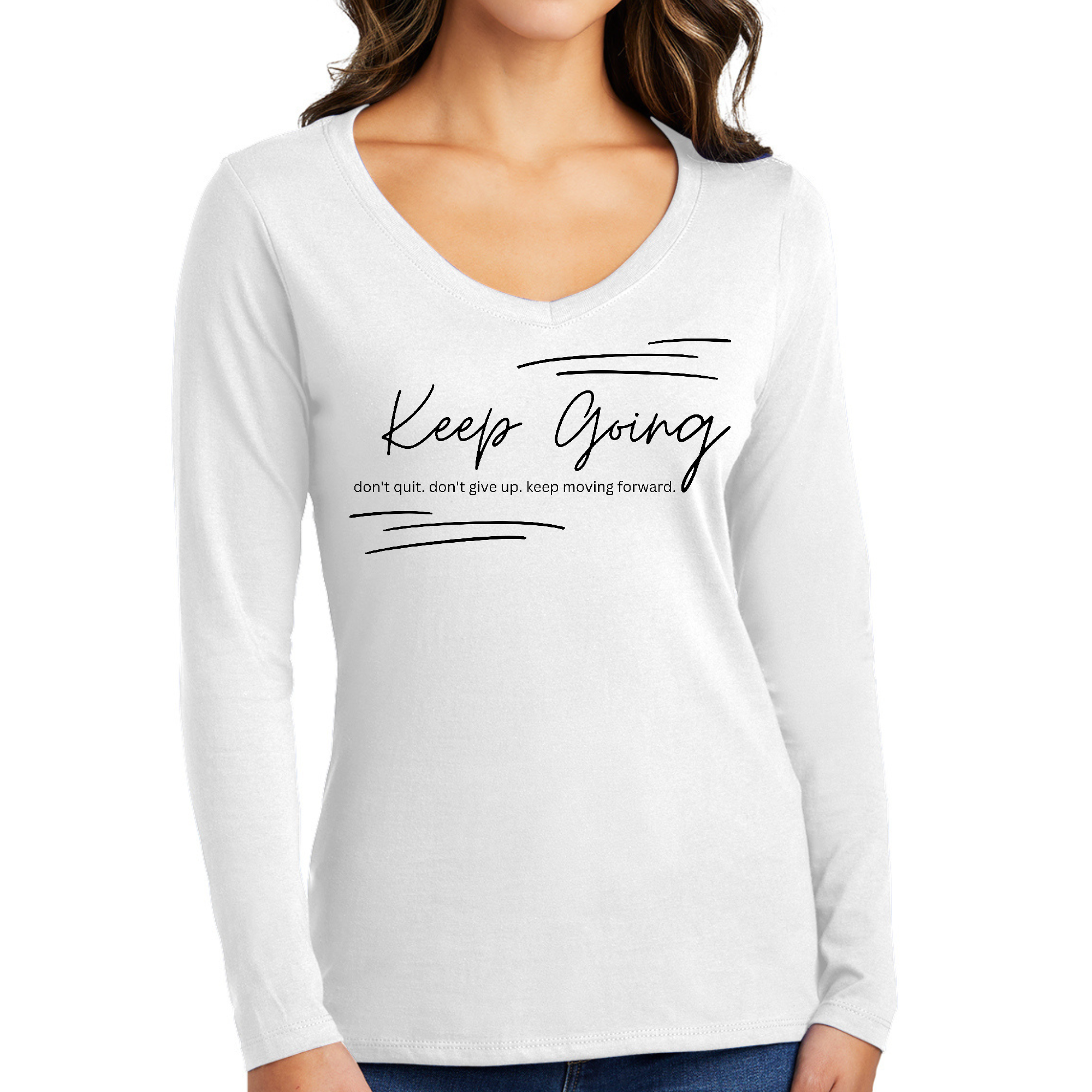 Women's Long Sleeve V-neck Graphic T-shirt in black with 'Keep Going Don't Give Up' inspirational print.