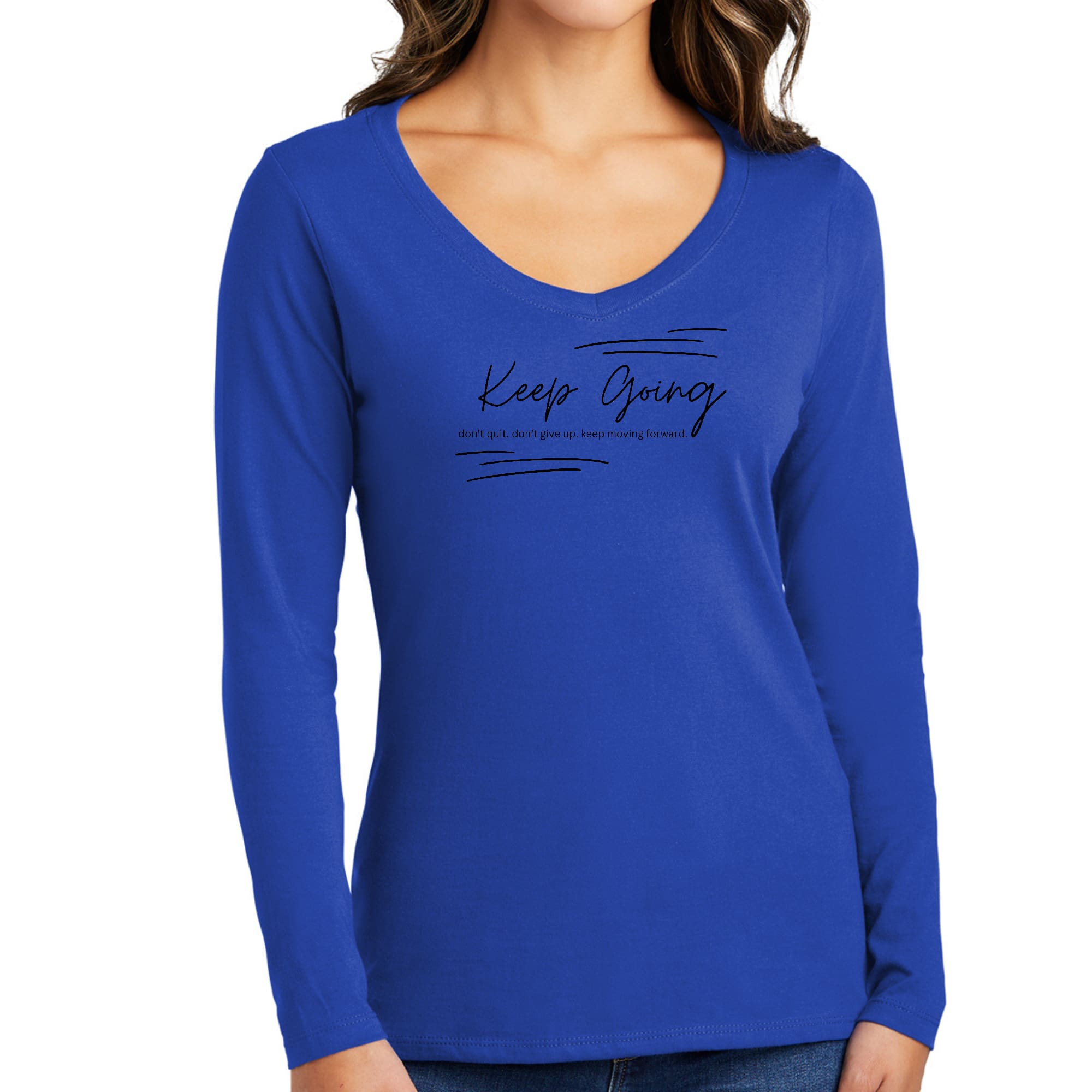 Women's Long Sleeve V-neck Graphic T-shirt in black with 'Keep Going Don't Give Up' inspirational print.