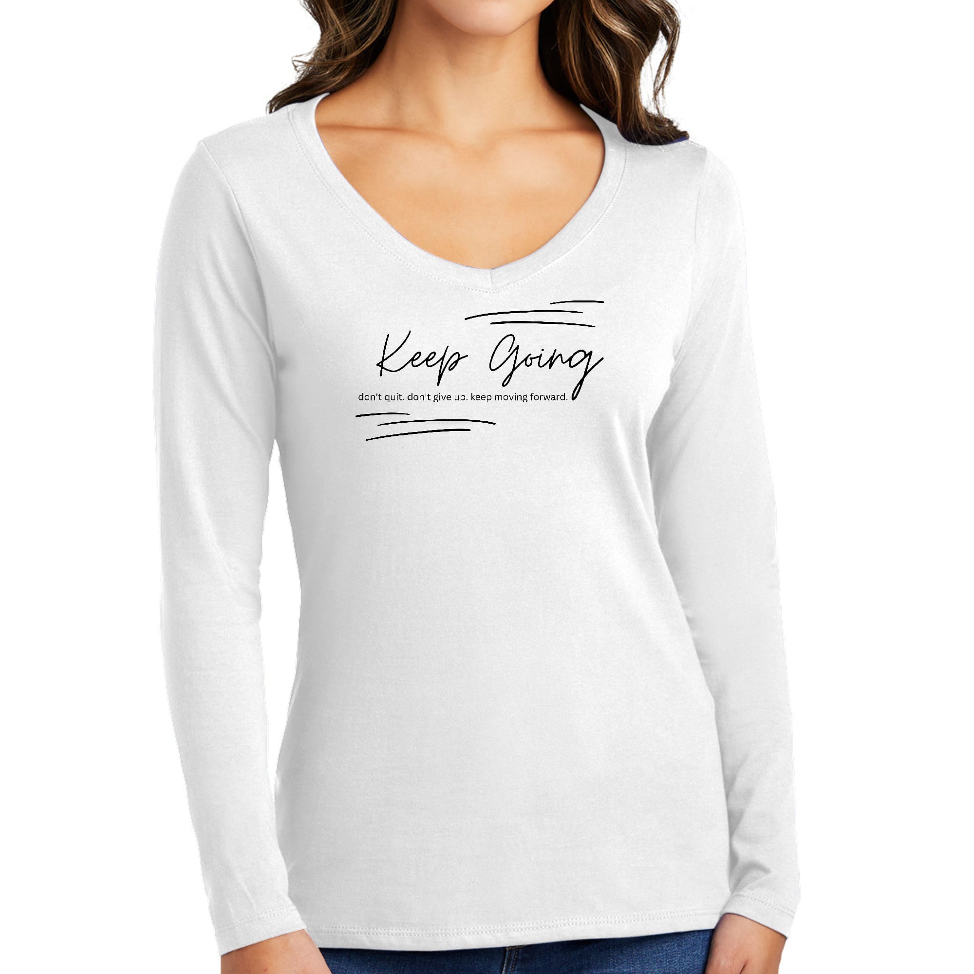 Women's Long Sleeve V-neck Graphic T-shirt in black with 'Keep Going Don't Give Up' inspirational print.