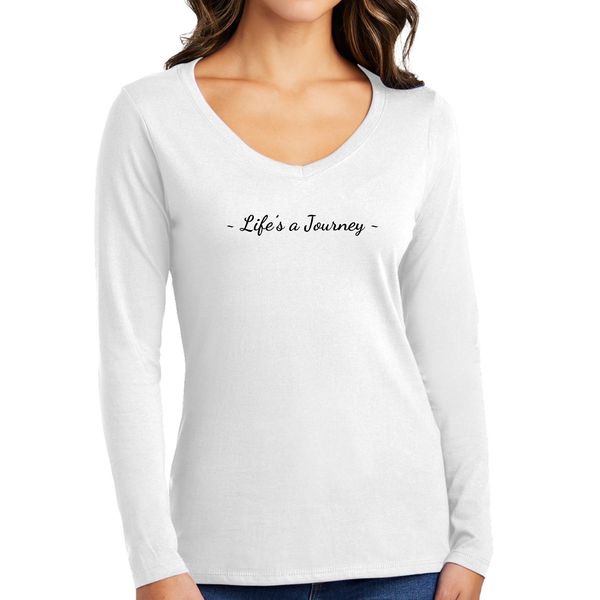 Women's Long Sleeve V-neck Graphic T-shirt in black with 'Life’s a Journey' print, showcasing a stylish and comfortable design.