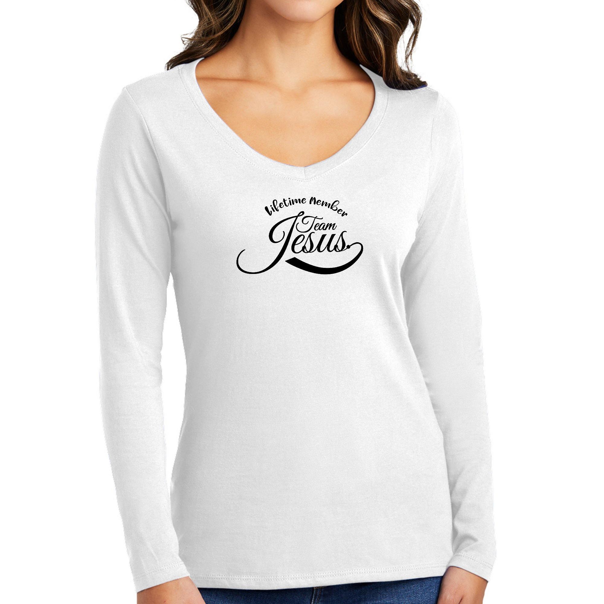 Women's Long Sleeve V-neck Graphic T-shirt in black with Team Jesus illustration, showcasing a stylish and comfortable design.