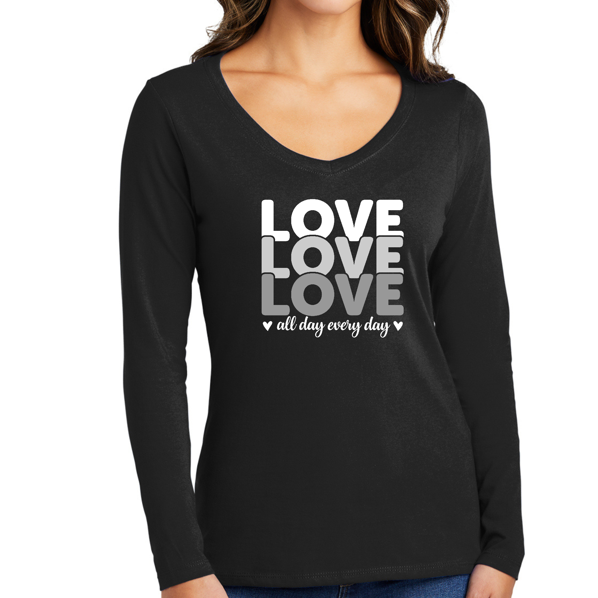 Womens Long Sleeve V-neck Graphic T-shirt featuring 'Love All Day Every Day' print in white and grey colors, showcasing a stylish and comfortable design.