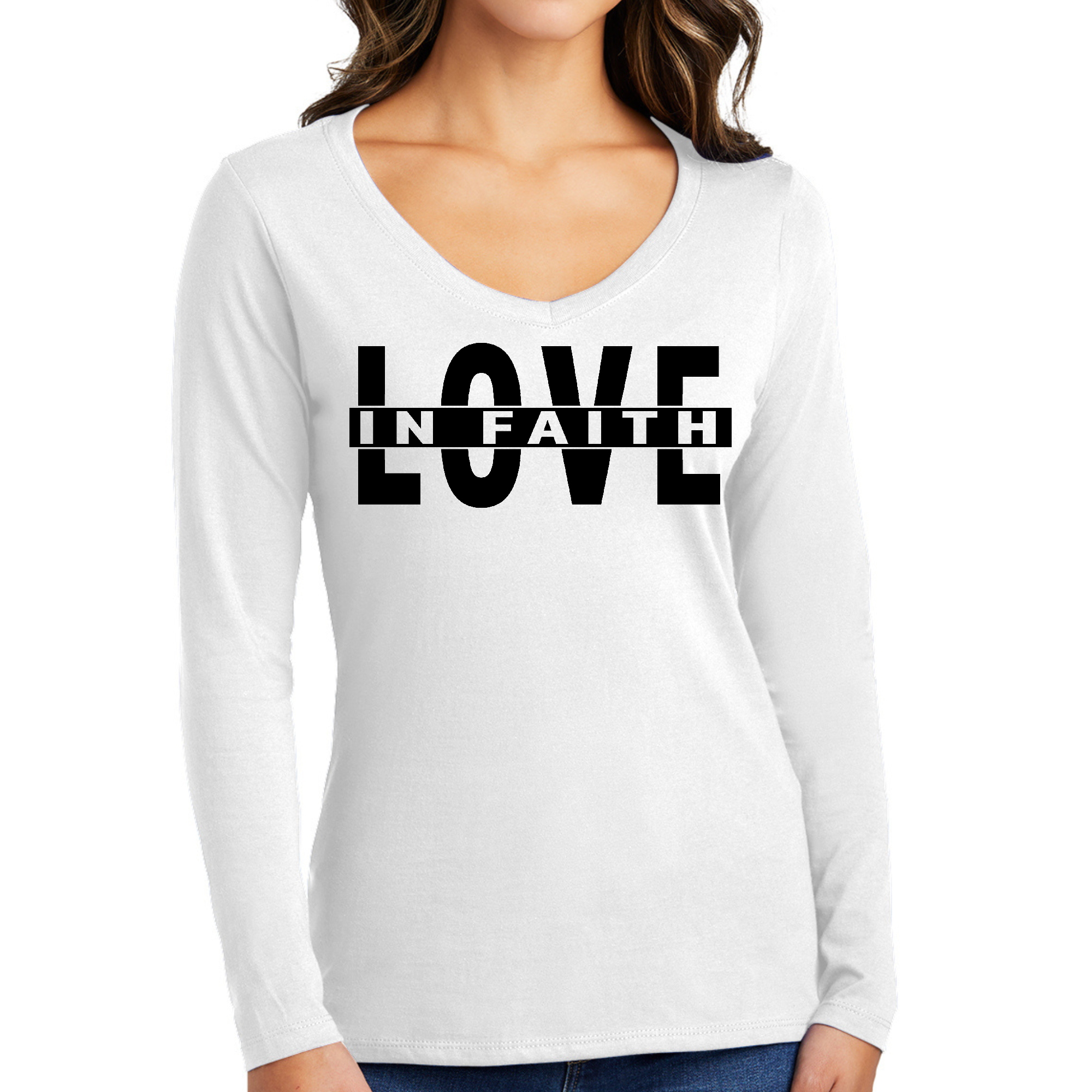 Womens Long Sleeve V-neck Graphic T-shirt in black featuring Love in Faith design, made from soft preshrunk cotton.