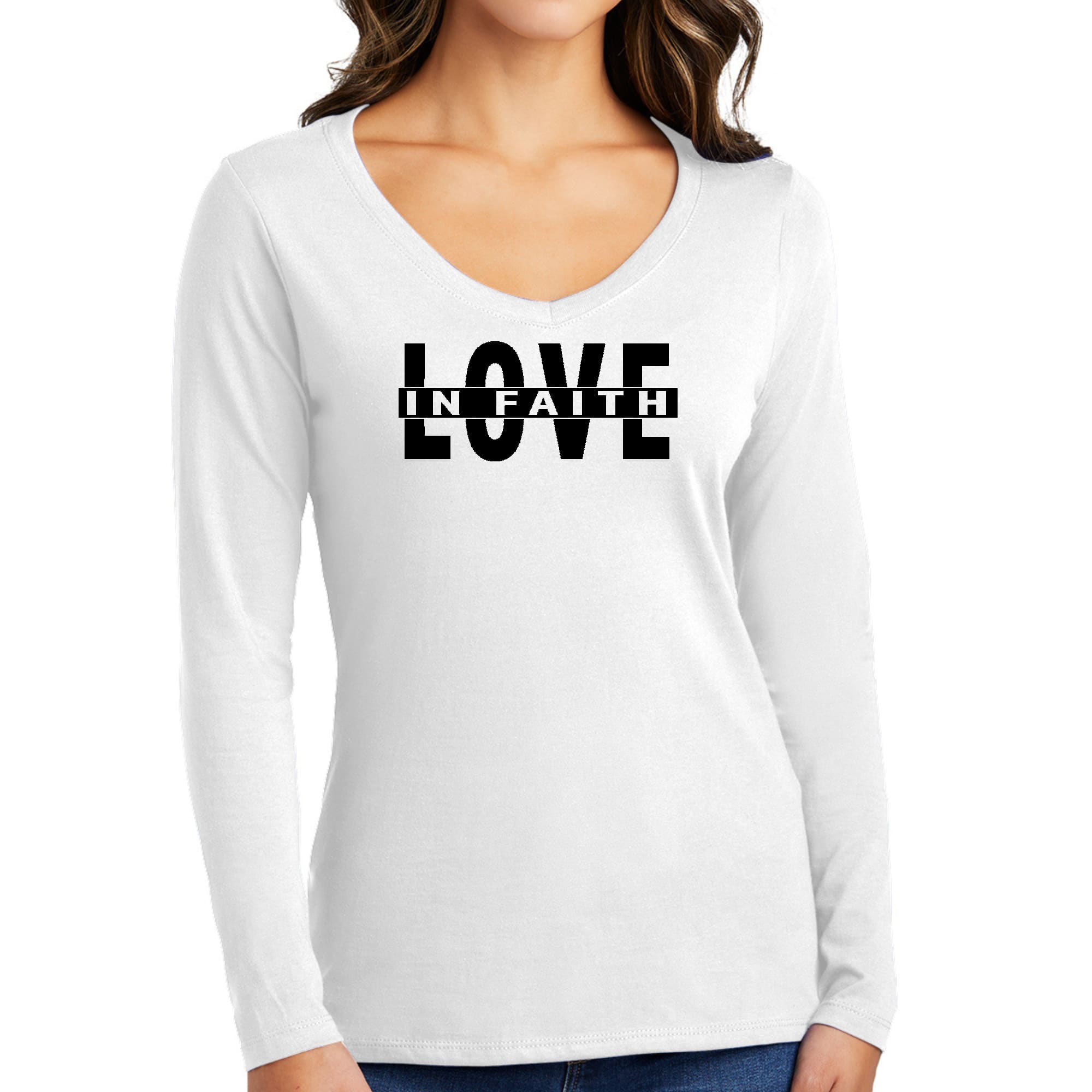 Womens Long Sleeve V-neck Graphic T-shirt in black featuring Love in Faith design, made from soft preshrunk cotton.