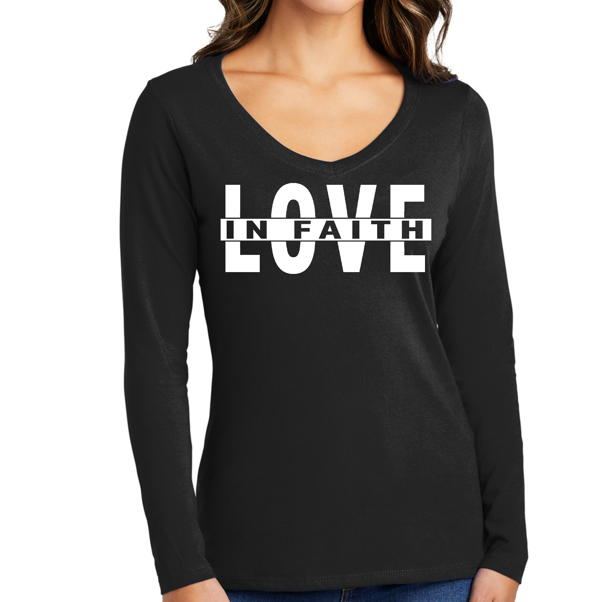 Women's Long Sleeve V-neck Graphic T-shirt featuring 'Love in Faith' design, made from soft preshrunk cotton for comfort.