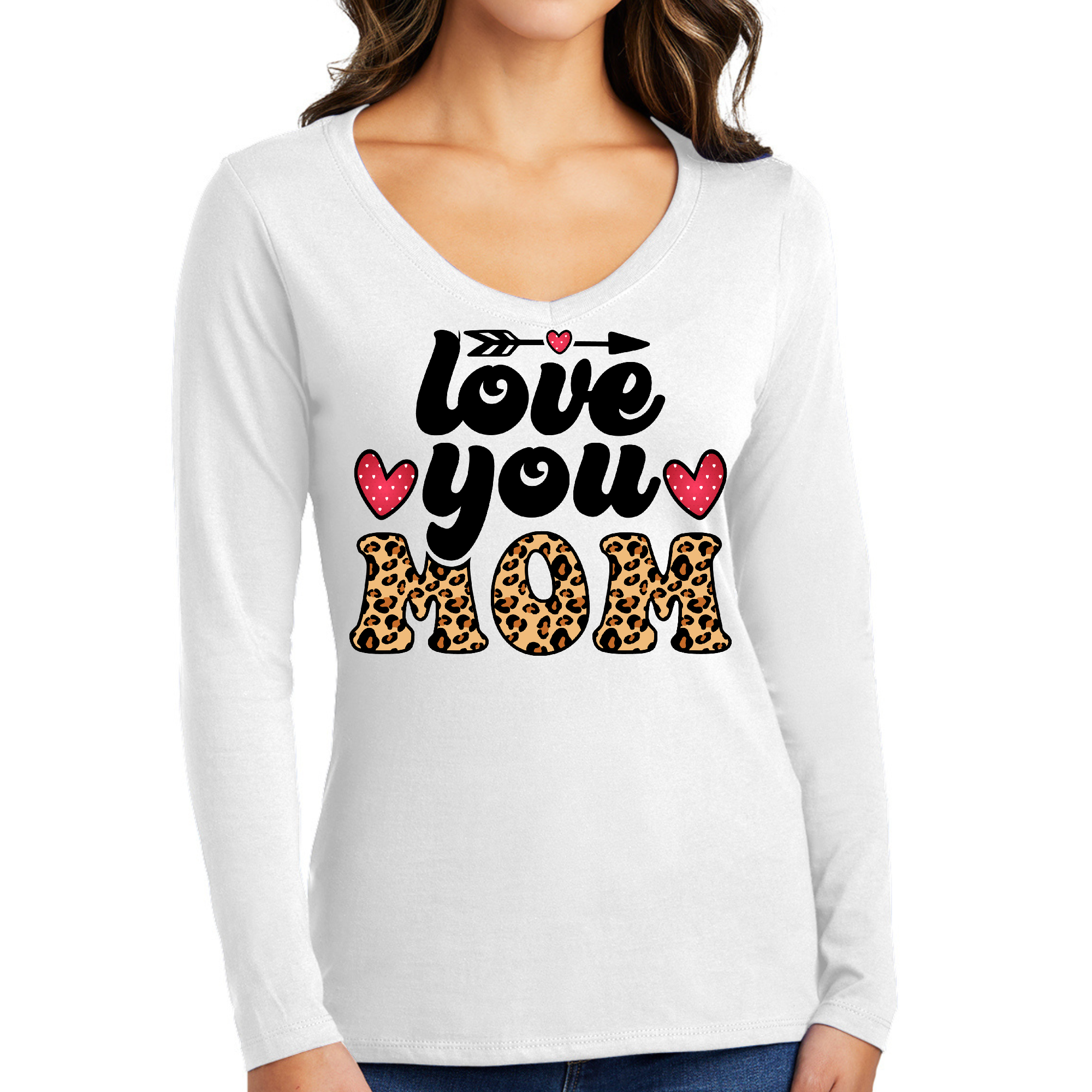 Women's Long Sleeve V-neck Graphic T-shirt featuring a 'Love You Mom' leopard print design in black, showcasing comfort and style.