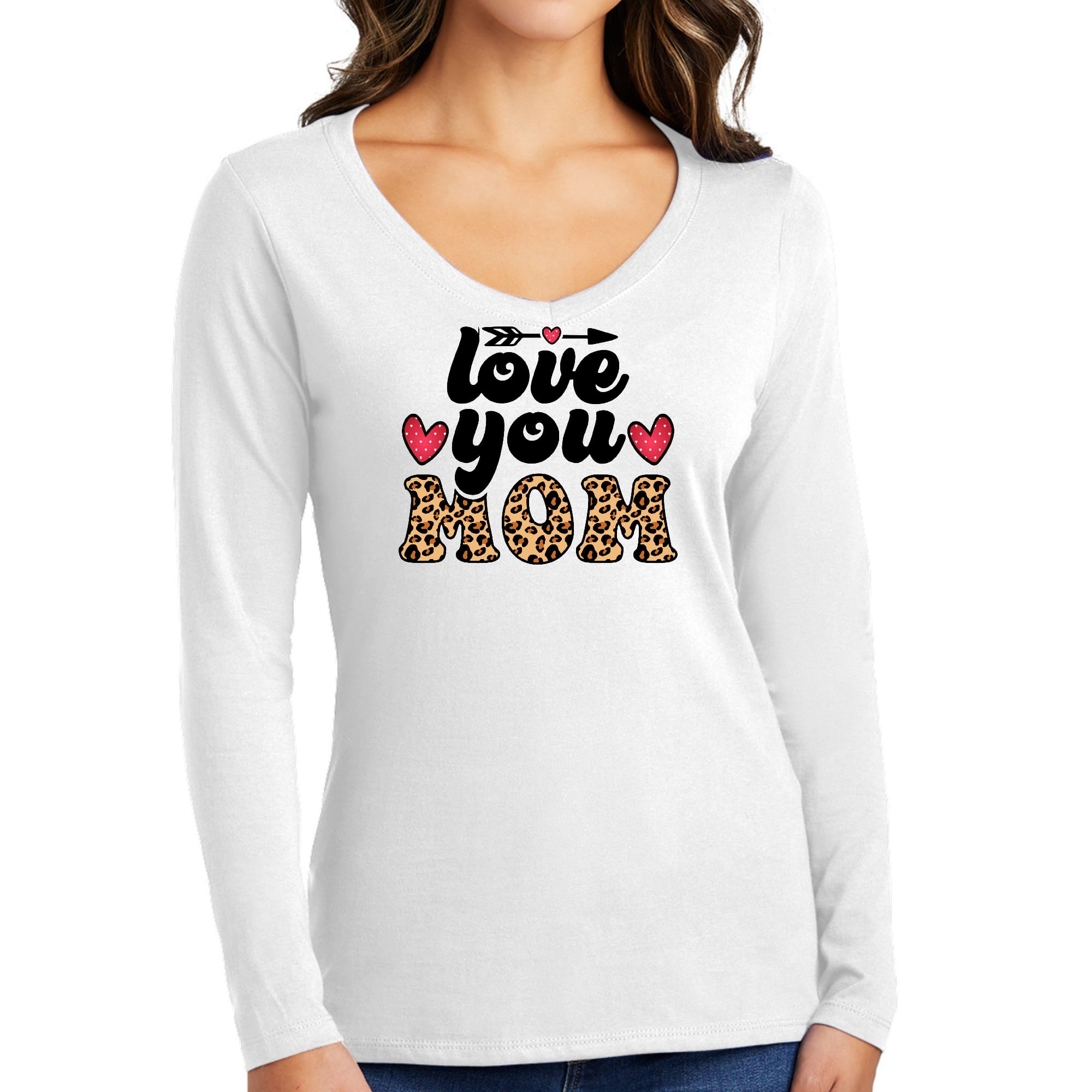 Women's Long Sleeve V-neck Graphic T-shirt featuring a 'Love You Mom' leopard print design in black, showcasing comfort and style.