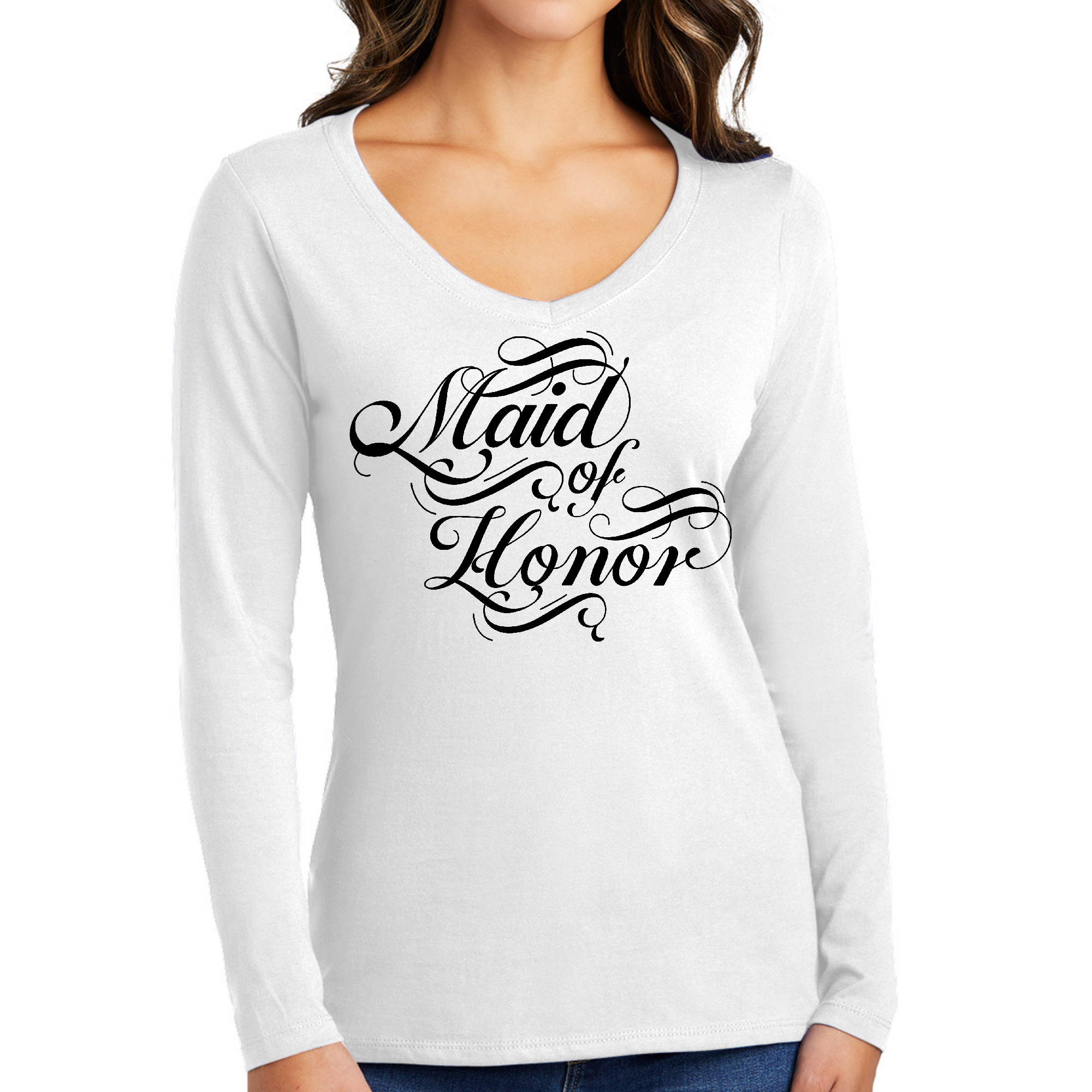 Women's Long Sleeve V-neck Graphic T-shirt featuring 'Maid of Honor' design, made from soft preshrunk cotton, ideal for wedding celebrations.