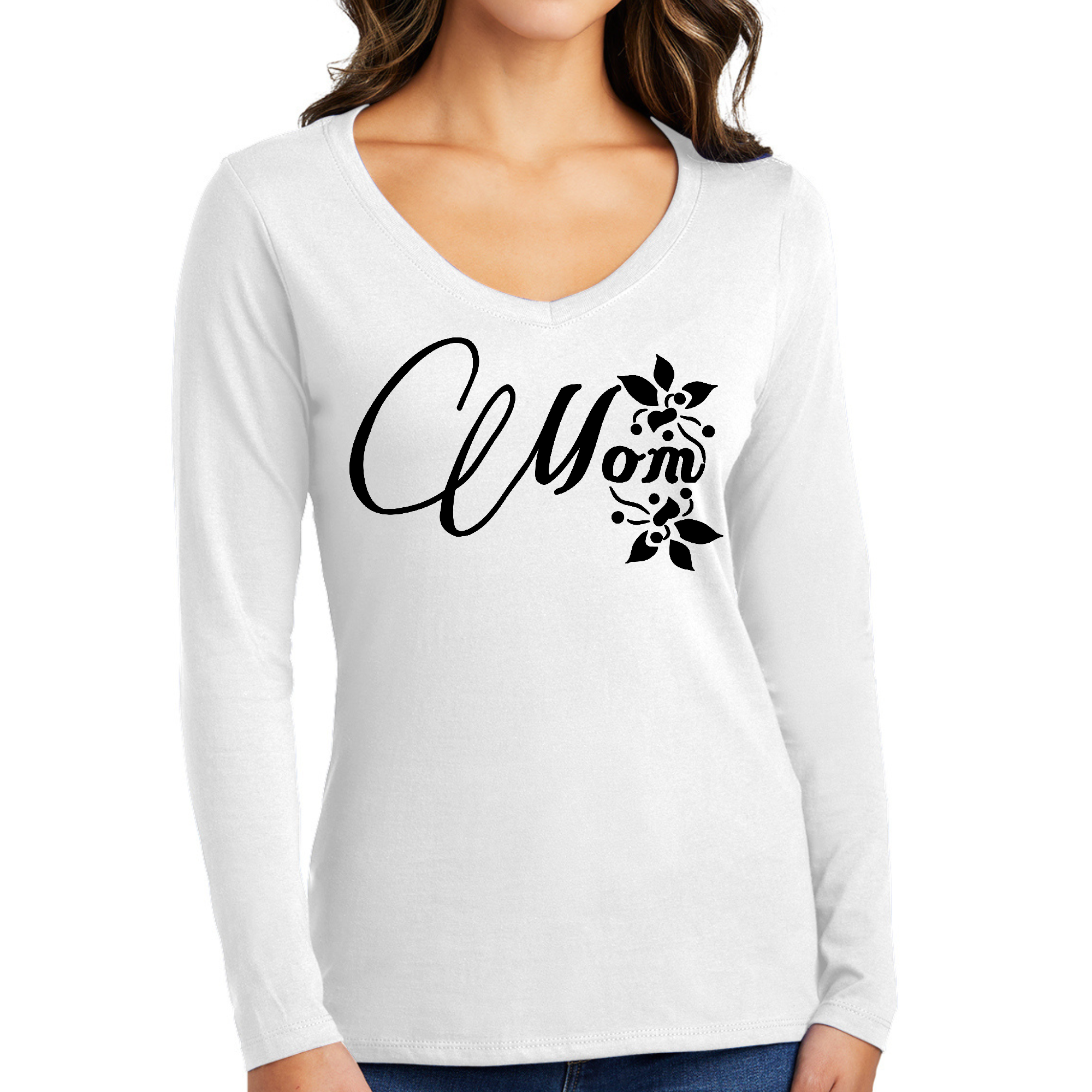 Women's Long Sleeve V-neck Graphic T-shirt featuring a 'Mom Appreciation' design, made from soft preshrunk cotton.