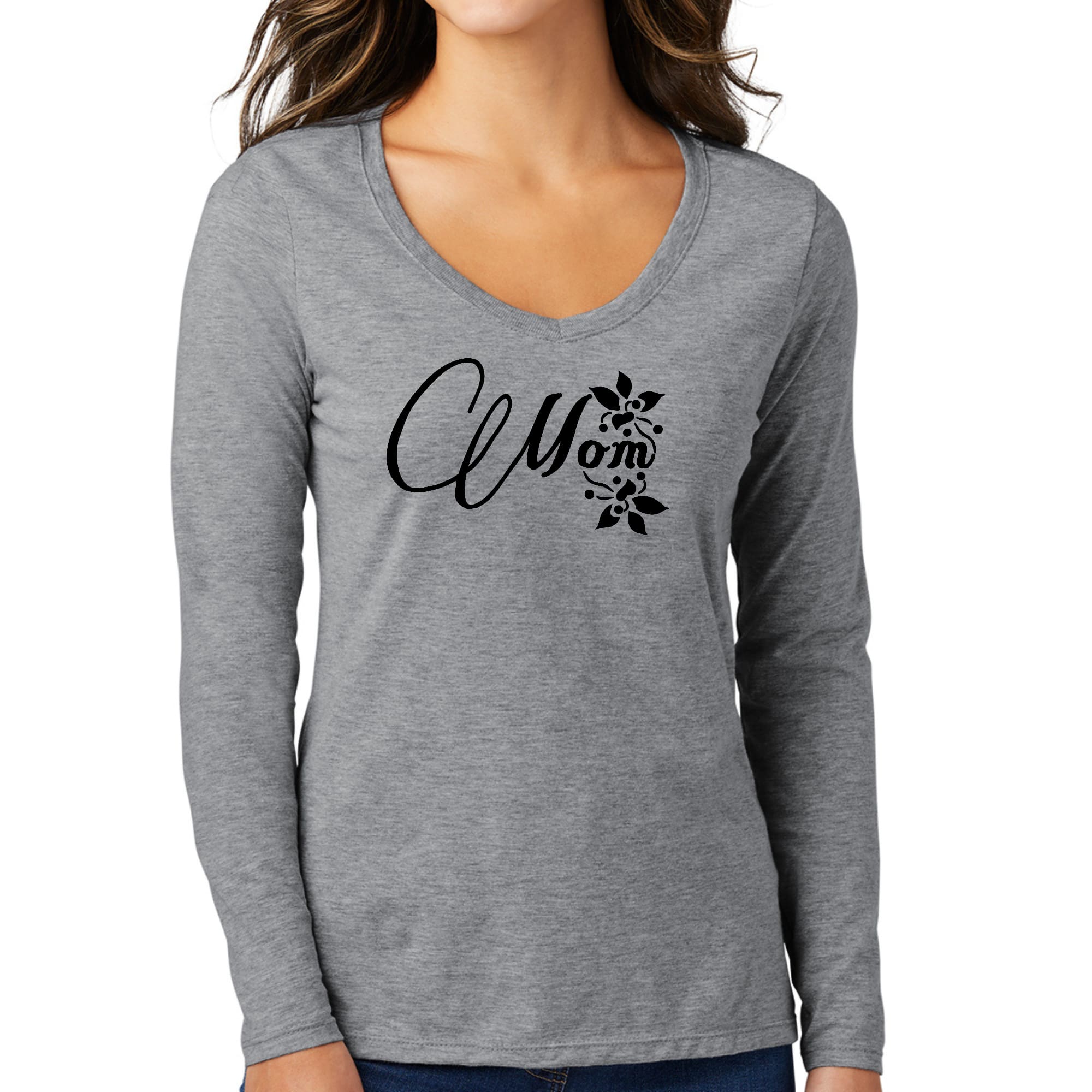 Women's Long Sleeve V-neck Graphic T-shirt featuring a 'Mom Appreciation' design, made from soft preshrunk cotton.