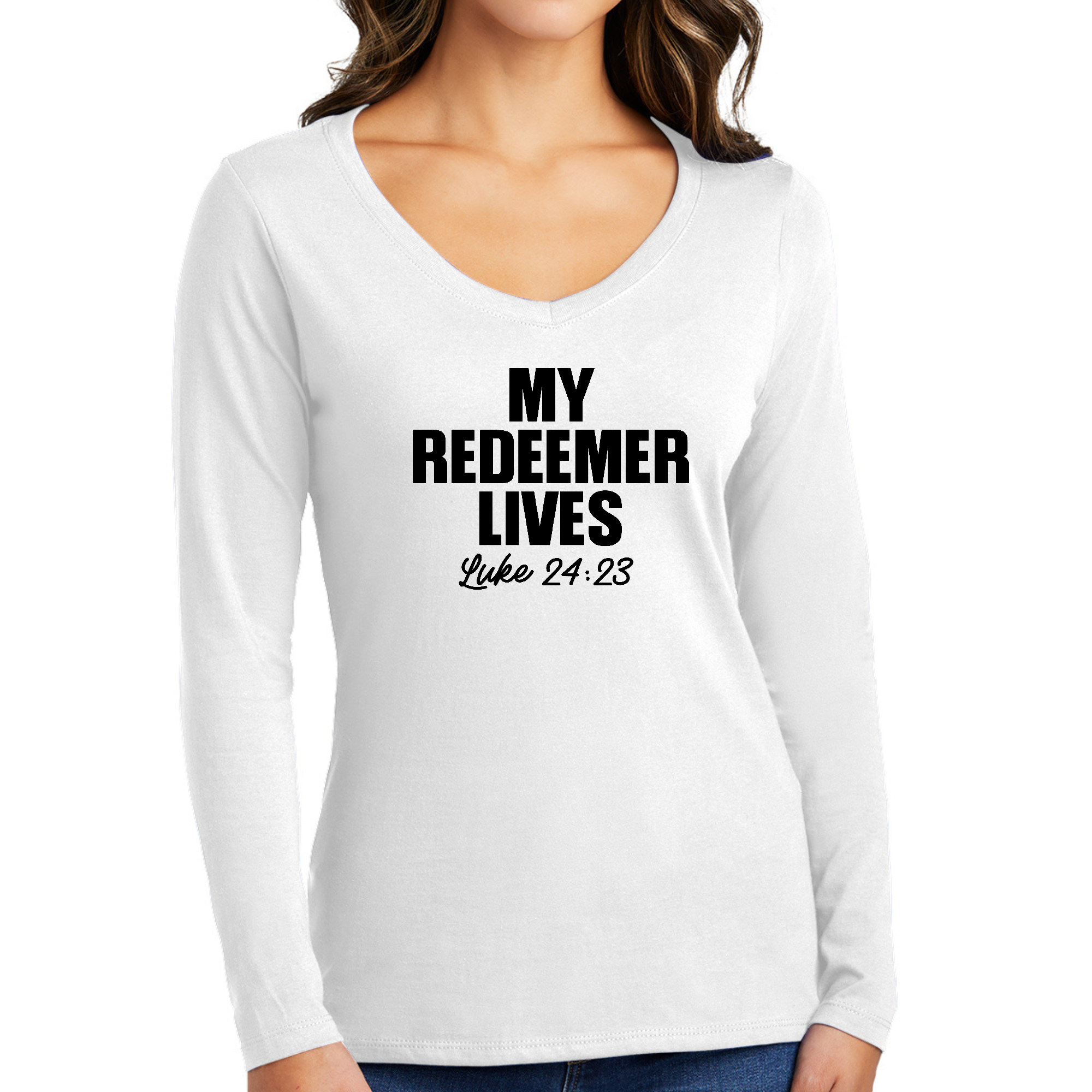 Women's Long Sleeve V-neck Graphic T-shirt featuring 'My Redeemer Lives' print in various colors, showcasing its stylish design and comfortable fit.