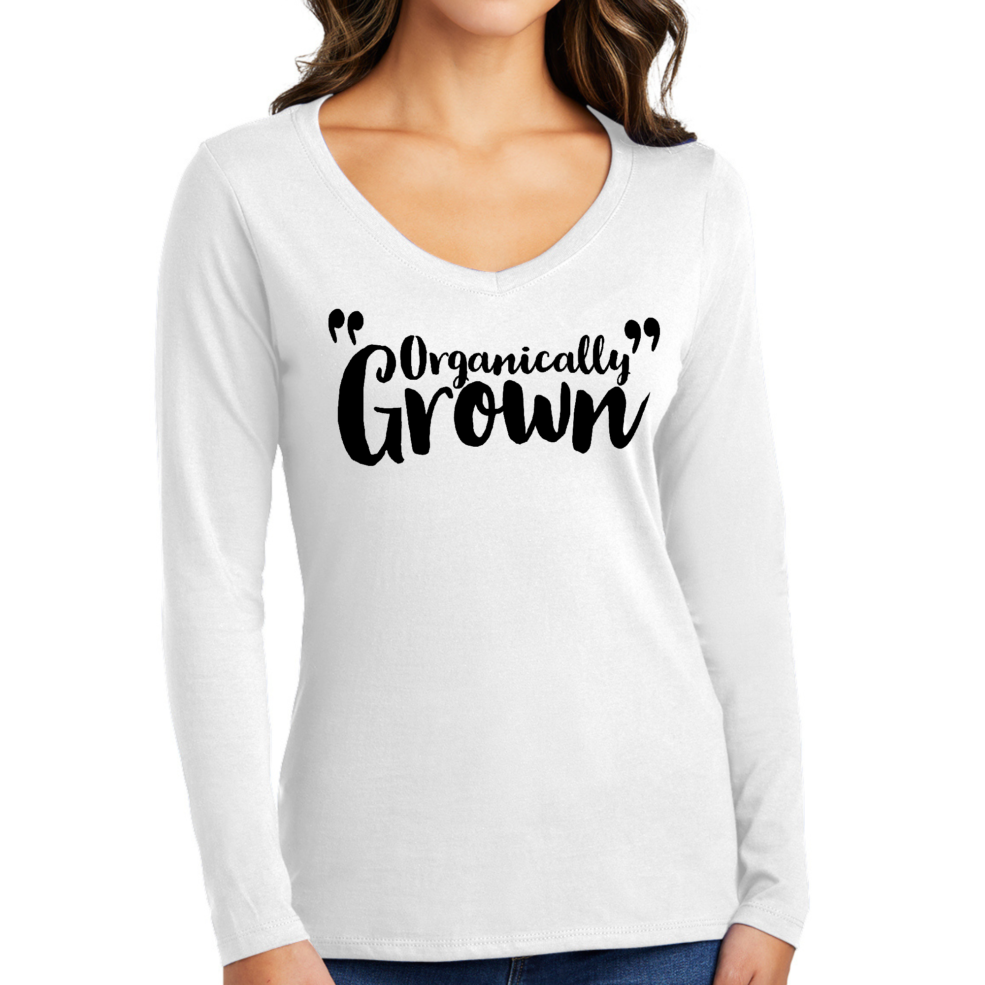 Women's Long Sleeve V-neck Graphic T-shirt in black with inspirational affirmation design, made from soft preshrunk cotton.