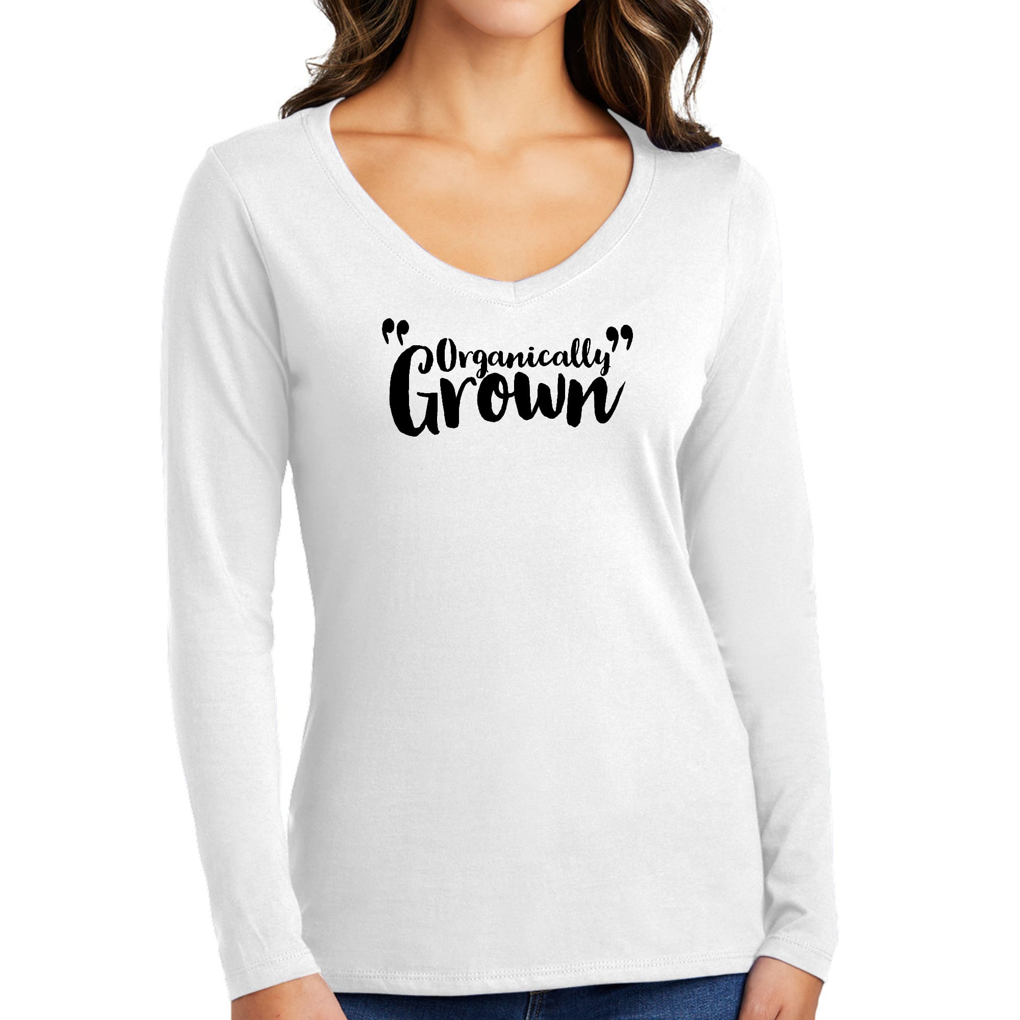 Women's Long Sleeve V-neck Graphic T-shirt in black with inspirational affirmation design, made from soft preshrunk cotton.