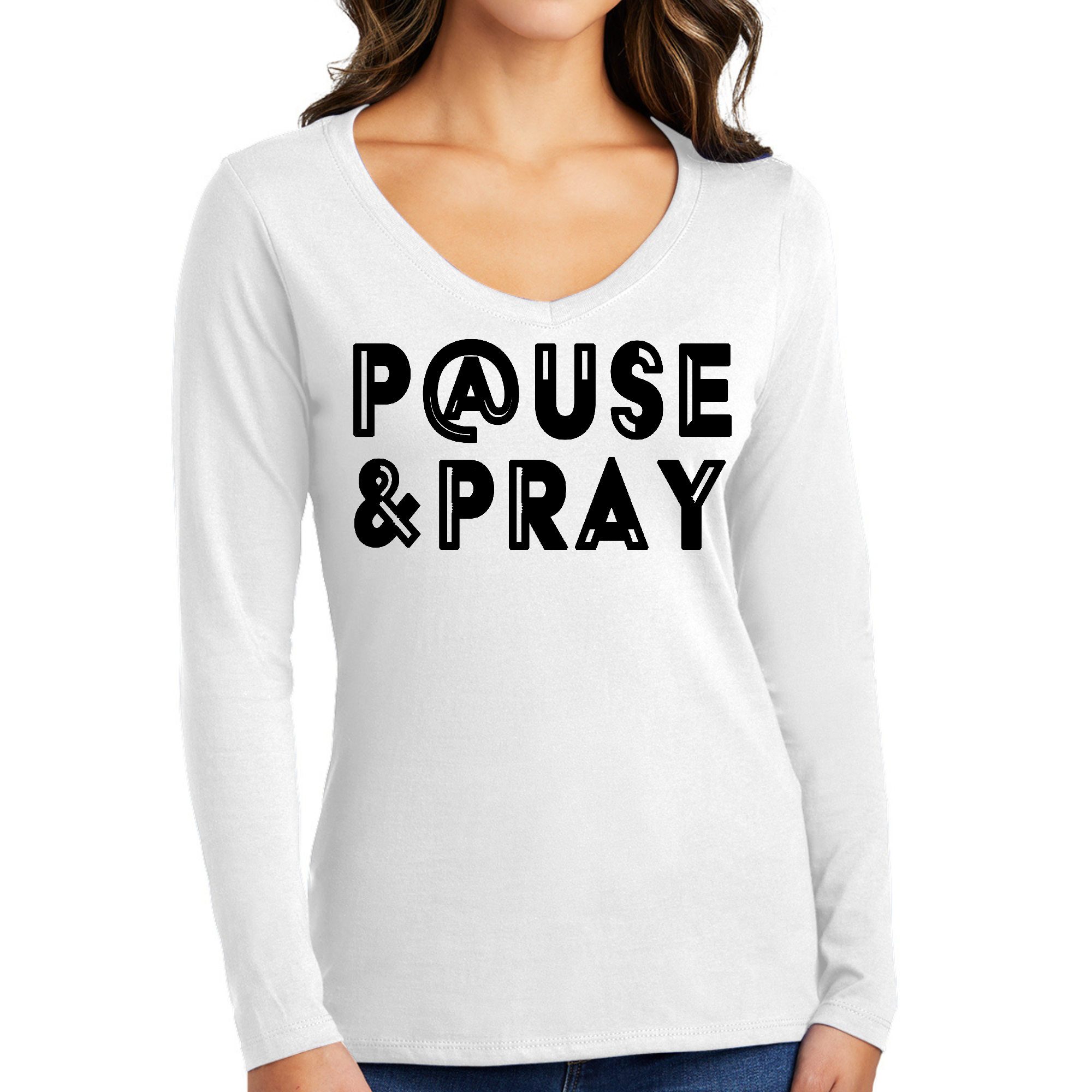 Women's Long Sleeve V-neck Graphic T-shirt in black featuring 'Pause and Pray' design, made from soft preshrunk cotton.