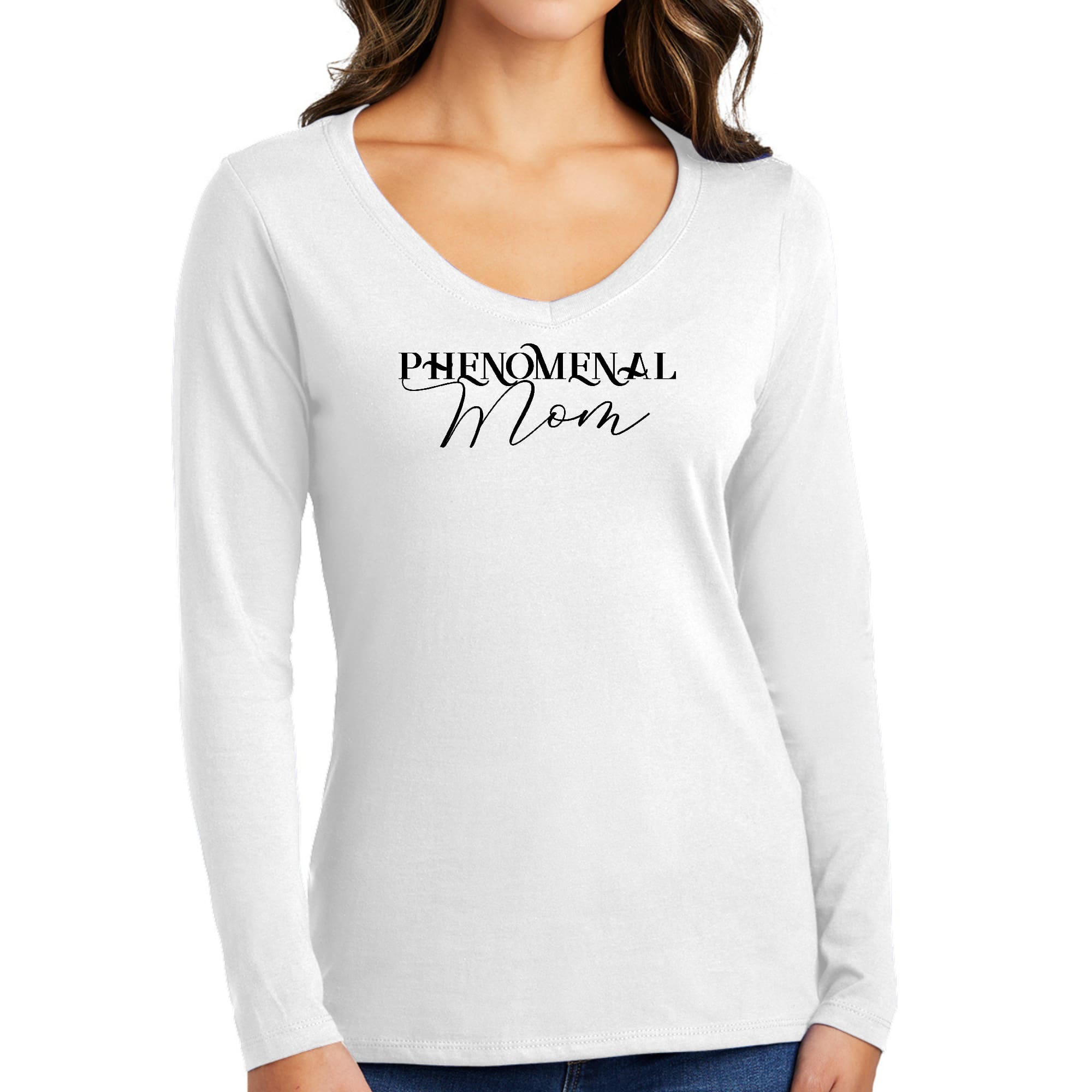 Womens Long Sleeve V-neck Graphic T-shirt with Phenomenal Mom black print, showcasing a stylish and comfortable design.