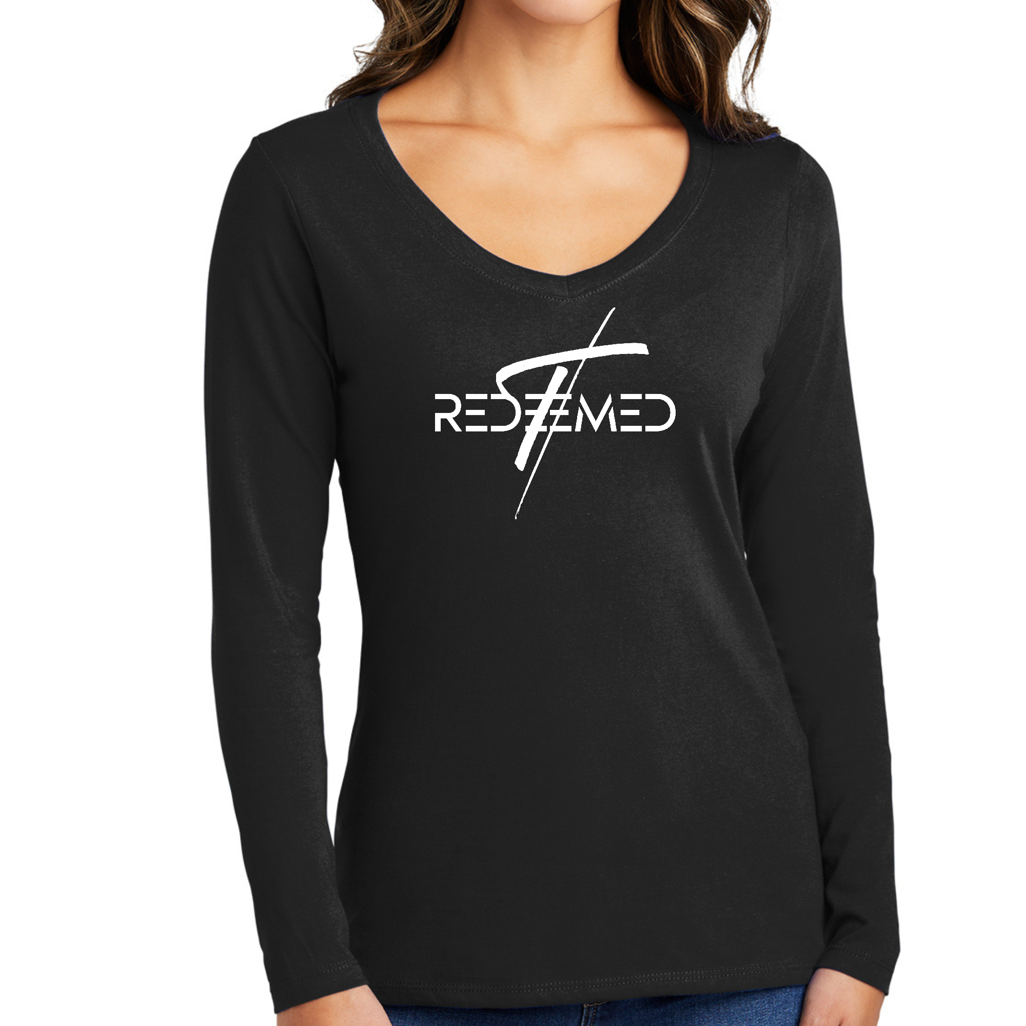 Women's Long Sleeve V-neck Graphic T-shirt featuring a Redeemed Cross design, made from soft preshrunk cotton.