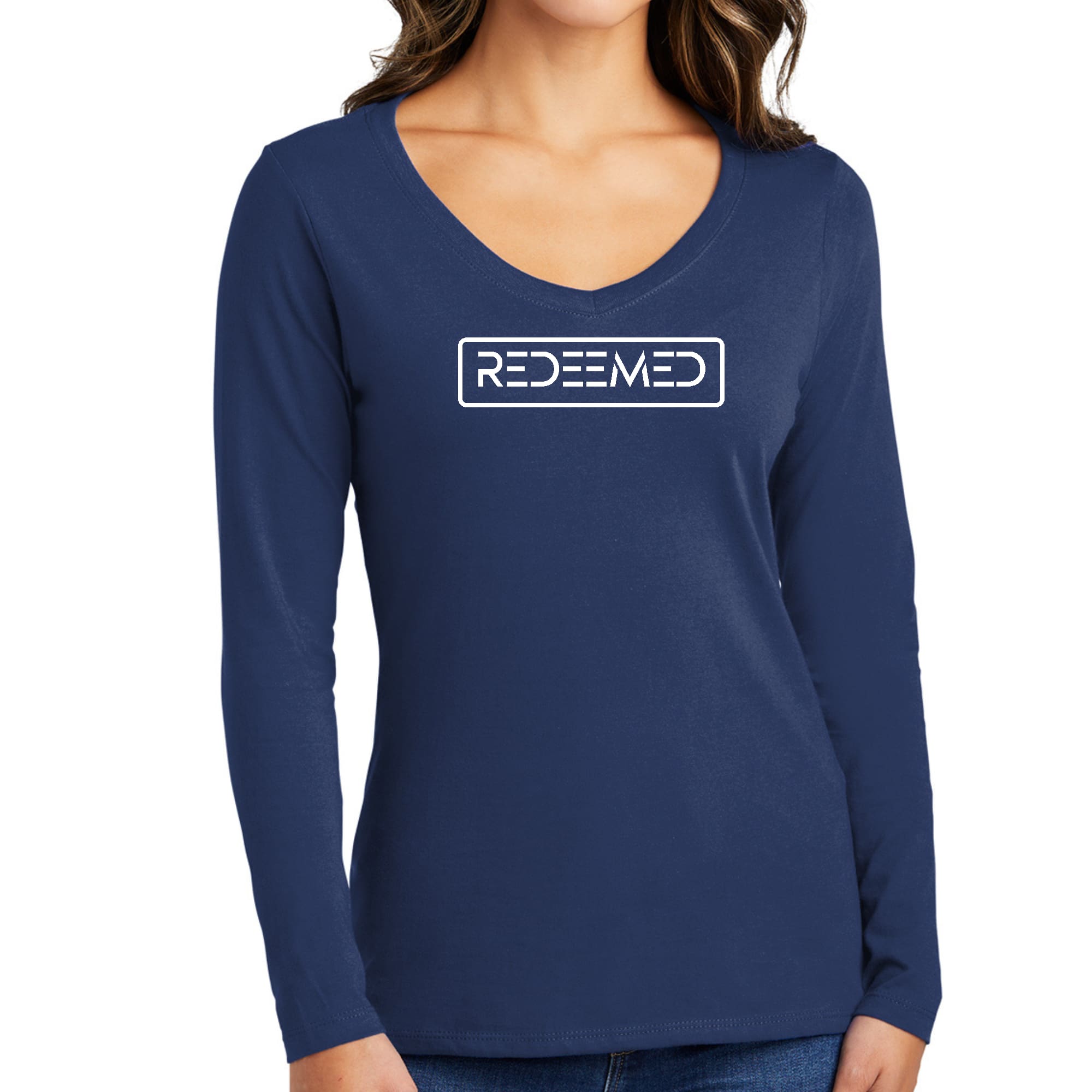 Women's Long Sleeve V-neck Graphic T-shirt featuring a motivational quote, made from soft preshrunk cotton.