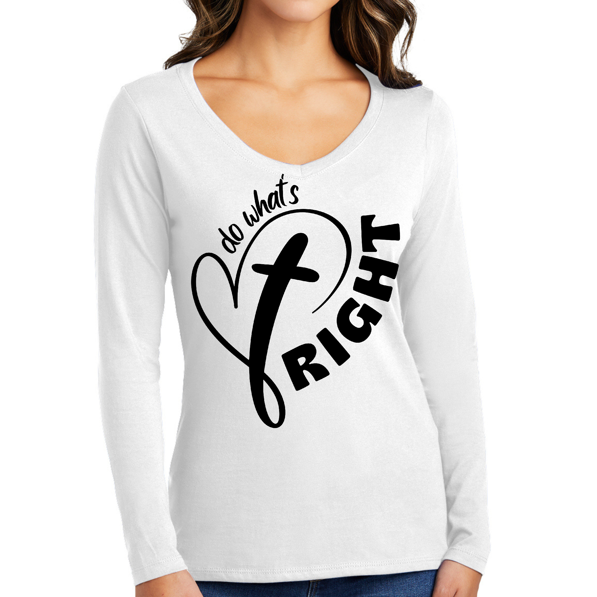 Women's Long Sleeve V-neck Graphic T-shirt featuring inspirational design, made from soft preshrunk cotton, perfect for casual wear.