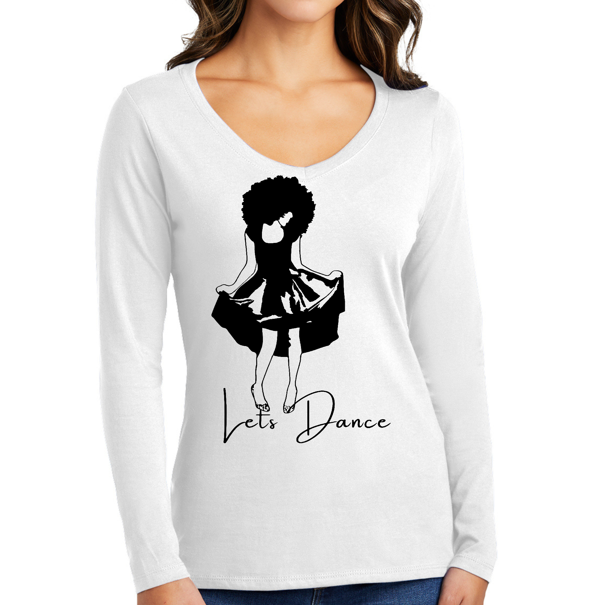 Women's long sleeve V-neck graphic t-shirt featuring a black line art print that says 'Let's Dance', made from soft preshrunk cotton.