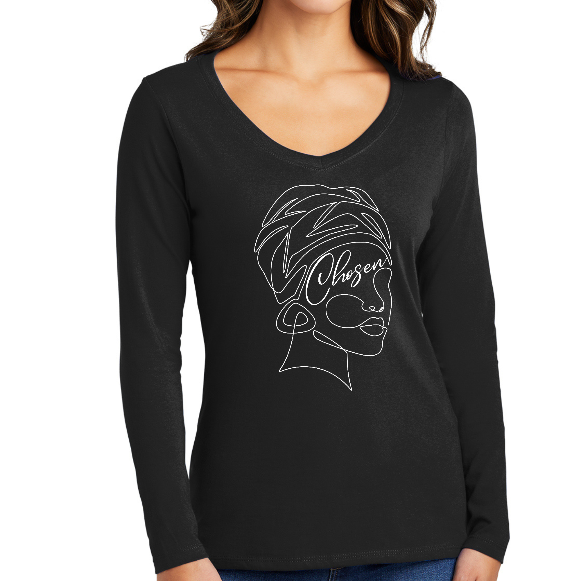 Women's Long Sleeve V-neck Graphic T-shirt featuring line art design representing self-worth and femininity, made from soft cotton.